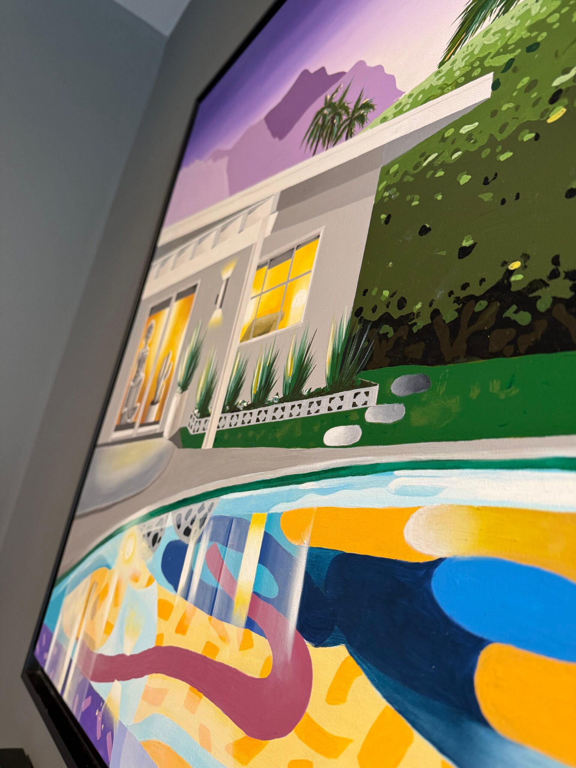 “Artistic Pool” by Gâteaux & Toiles is a mesmerizing fusion of mid-century modern architecture, surrealism, and contemporary abstraction, evoking a dreamlike vision of Palm Springs luxury and nostalgia. The composition centers on a sleek,