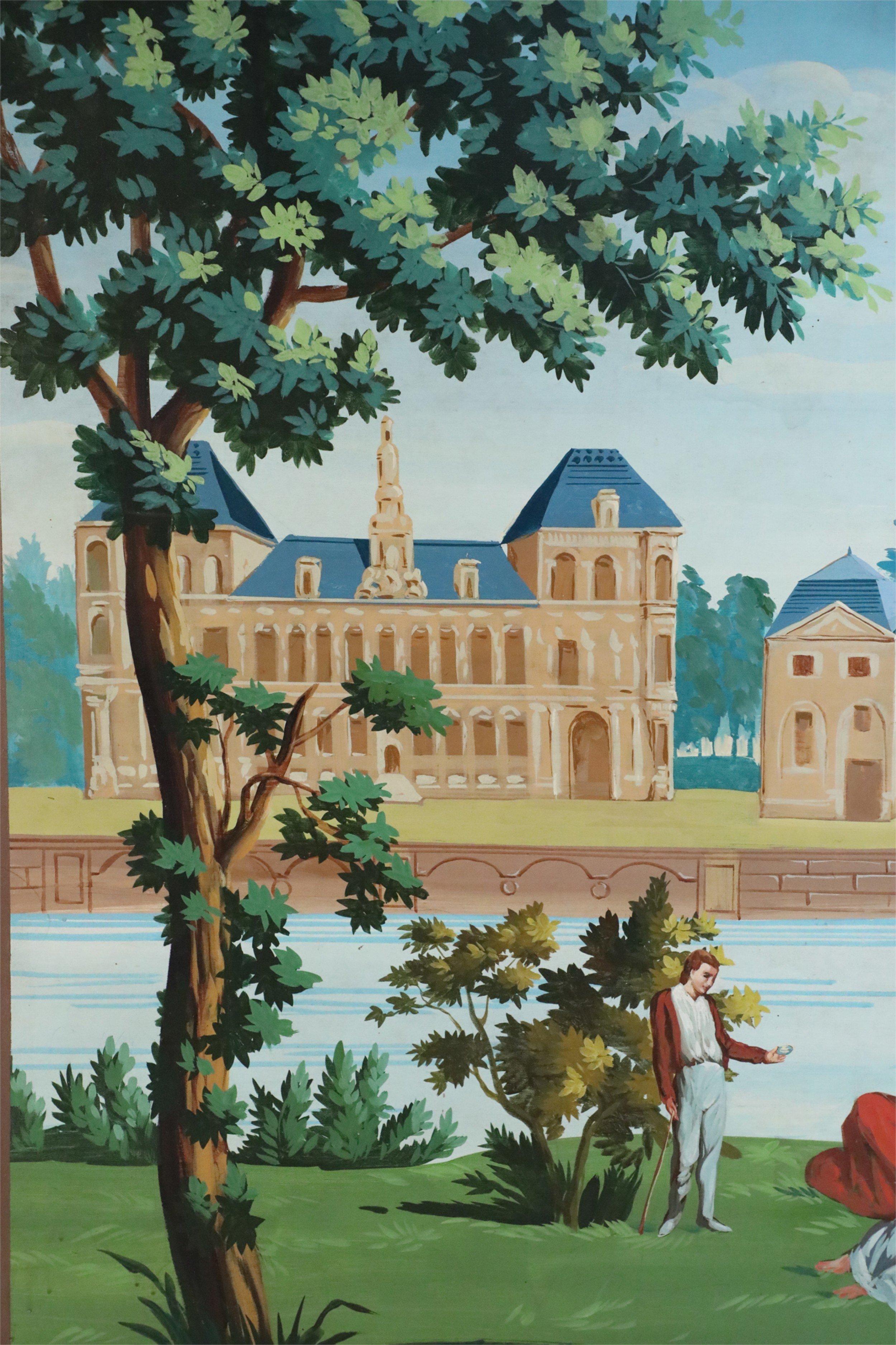 Vintage (20th century) painting capturing four figures gathering on the riverbank while buildings with classical architecture loom just across the river, surrounded by a thin brown border.
        