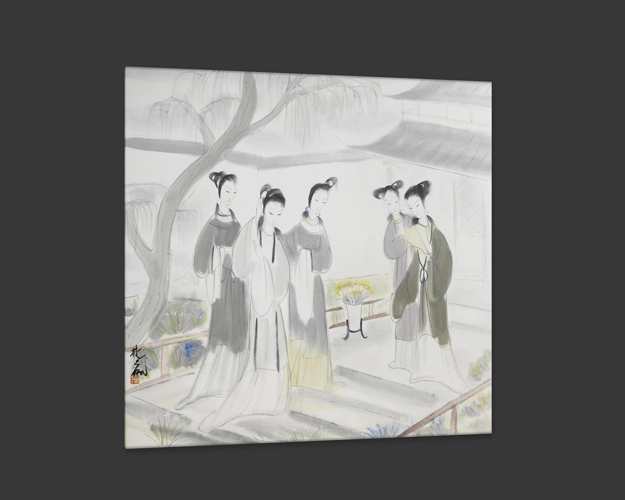 Chinese Gathering of Concubine, After Qing Dynasty Revival Artist Lin Fengmian For Sale