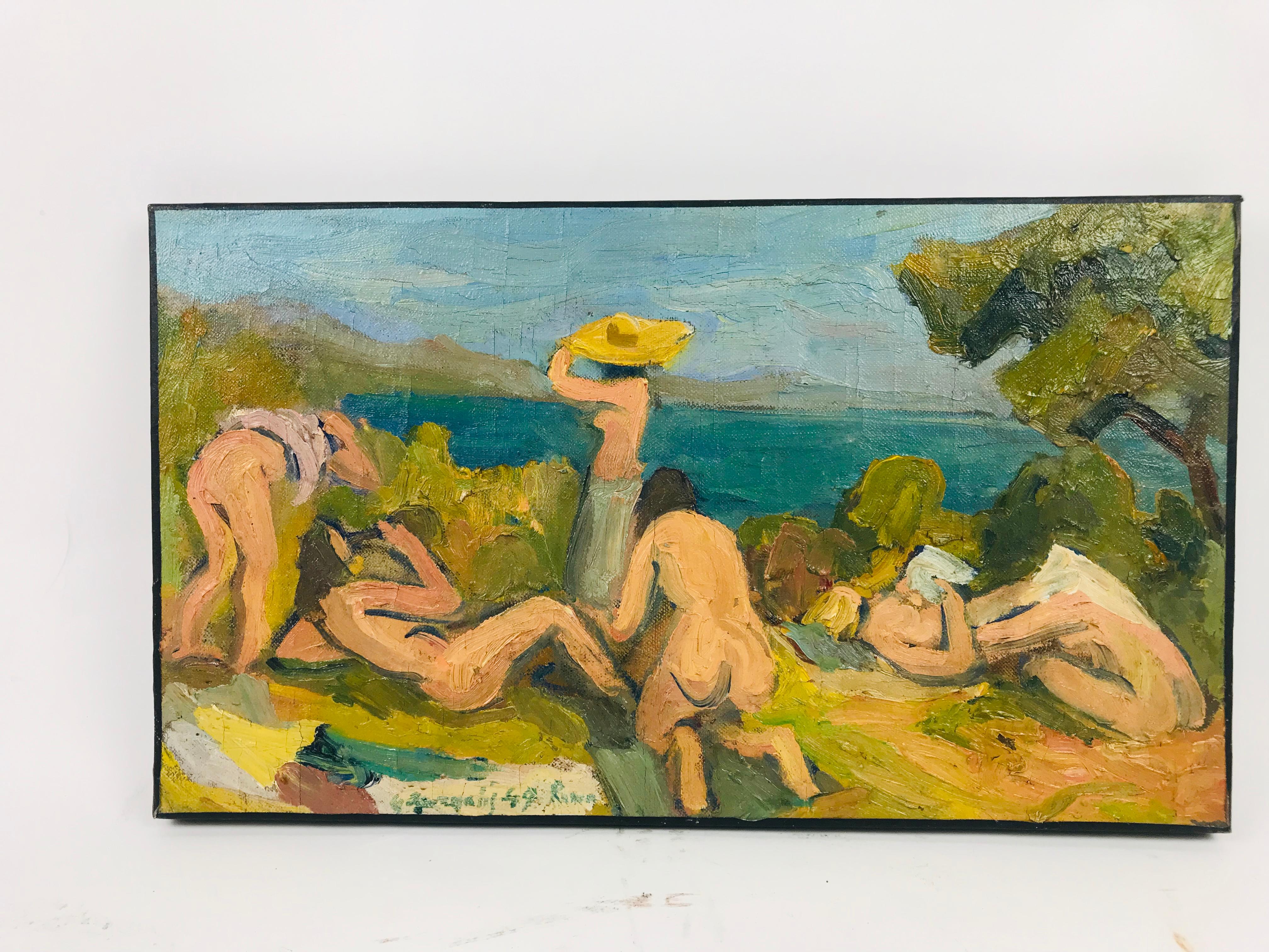 A beautiful 1949 oil on canvas by Massachusetts native George Dergalis(1928). Signed Rome. This is an early painting for the artist with strong confident brush strokes. An impressionistic depiction of a nude beach gathering were the bodies are as