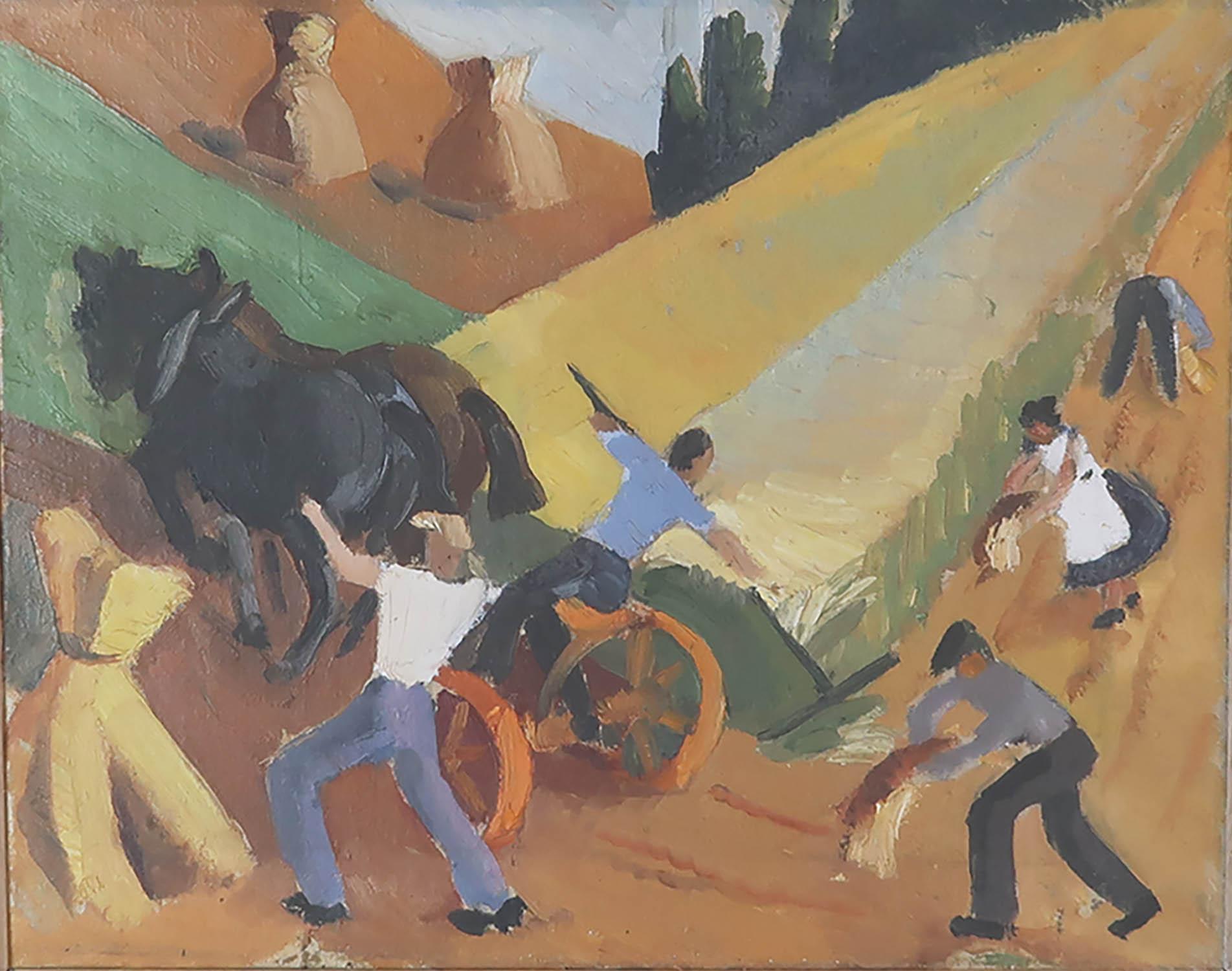 Painted Harvesting The Wheat, Oil on Canvas, Italian, 1950s For Sale