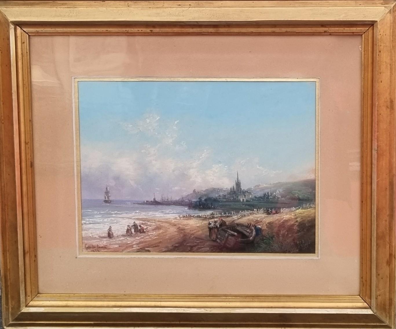 Spanische Malerei Gato DE LEMA Romantische Landschaft Meeresküste Hafen  19th im Angebot 1