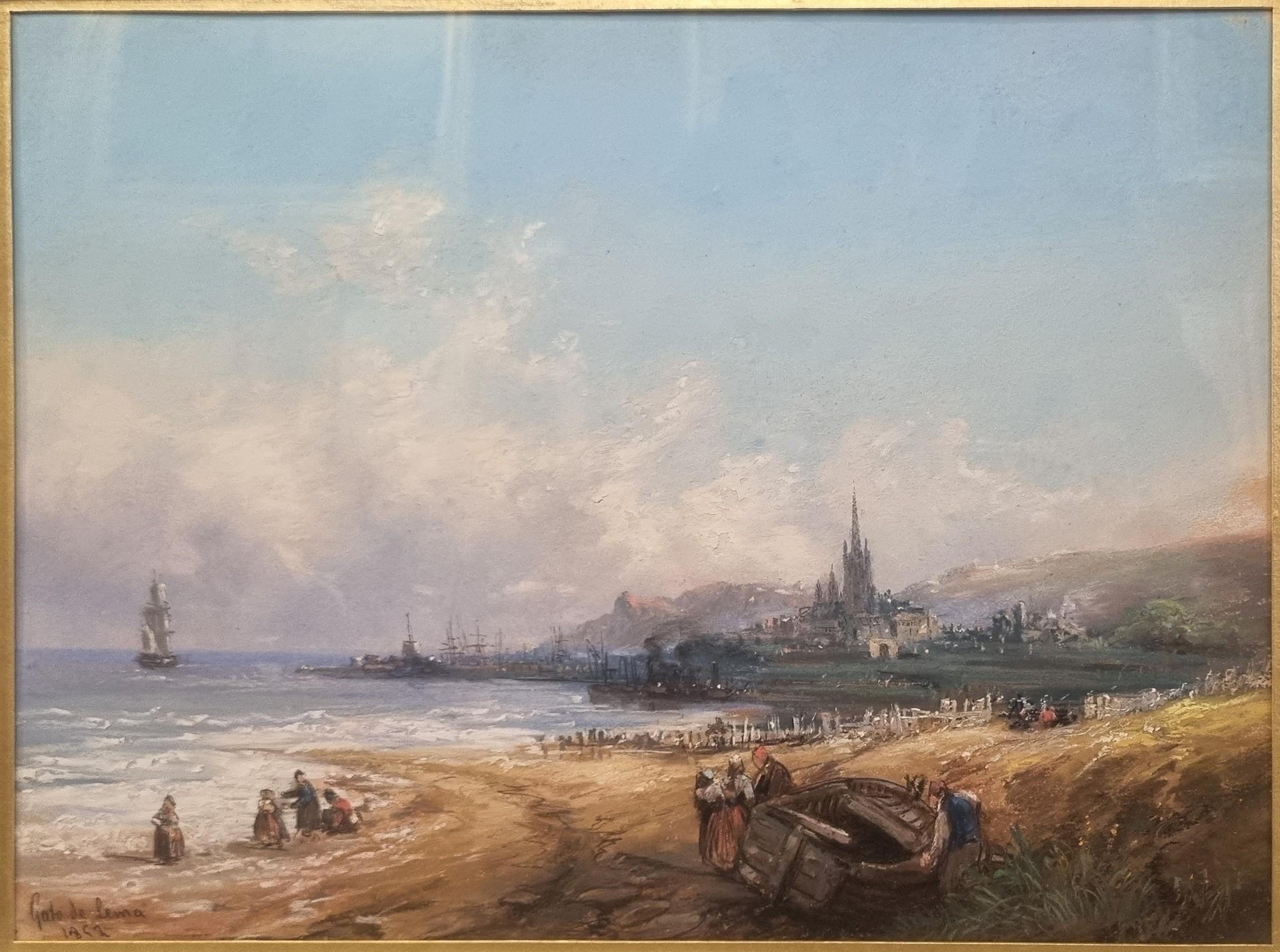 Spanische Malerei Gato DE LEMA Romantische Landschaft Meeresküste Hafen  19th im Angebot 2