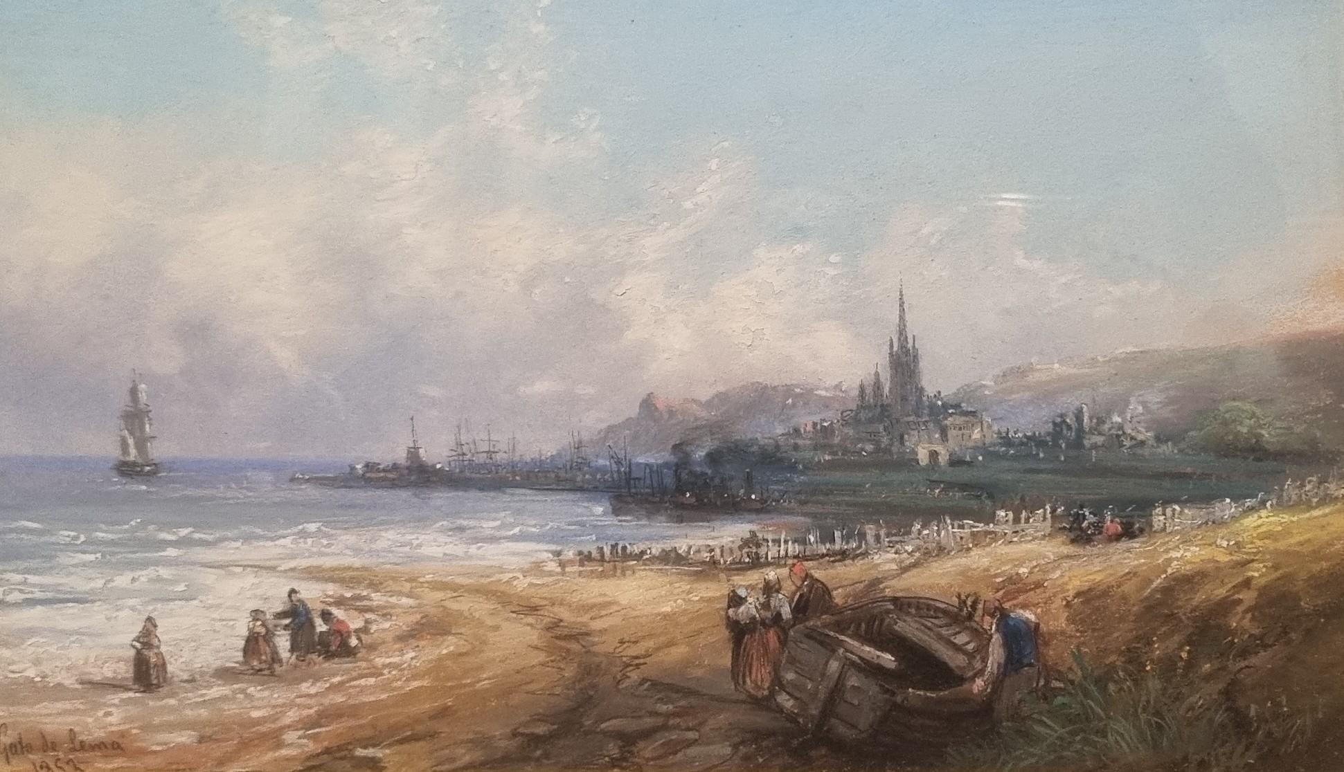 Spanische Malerei Gato DE LEMA Romantische Landschaft Meeresküste Hafen  19th im Angebot 4