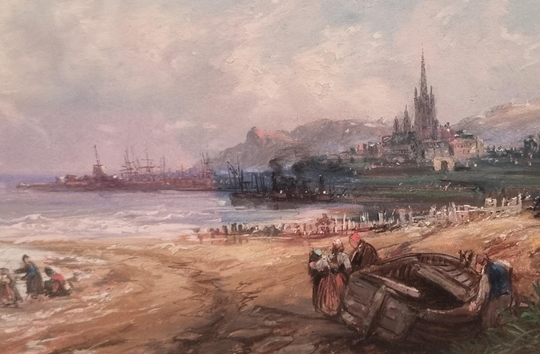 Spanische Malerei Gato DE LEMA Romantische Landschaft Meeresküste Hafen  19th im Angebot 5