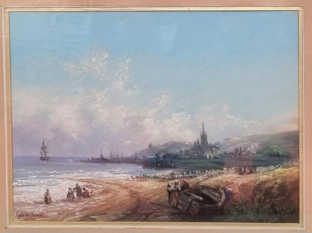 Nicolas Gato de LEMA
Madrid, 1820 - 1883
Landschaft am Meer
Gouache, Bleistift und Aquarellfarbe
28 x 38 cm (51 x 60 cm mit Rahmen)
Signiert und datiert unten links "Gato de Lema / 1852".
Schöner Art-Déco-Rahmen aus Vergoldung
Sehr guter