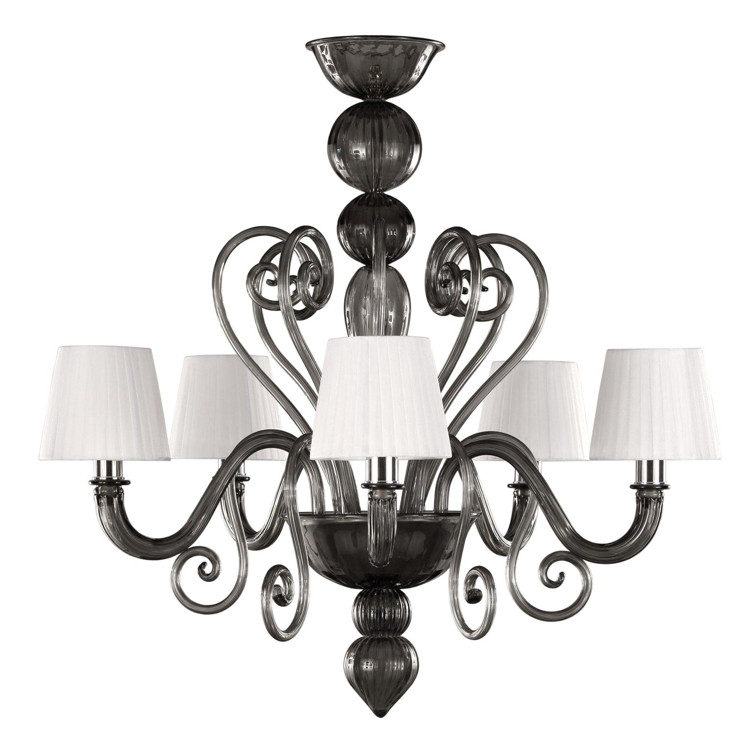 Artistic Chandelier 5 arms Dark Grey Murano Glass with Lampshades by Multiforme