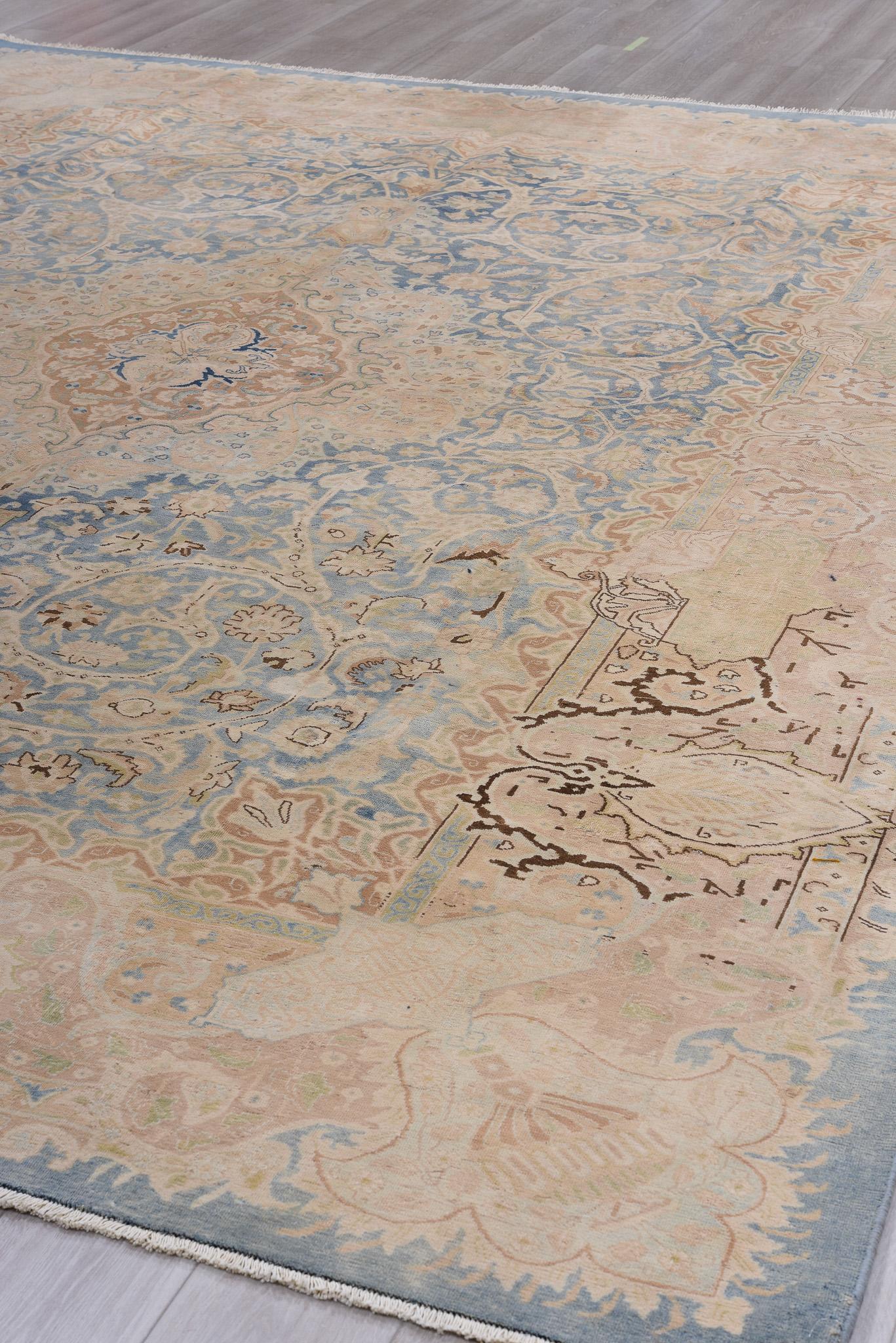Floret Covered Kerman in Aged Blue and Sand In Excellent Condition For Sale In New York, NY