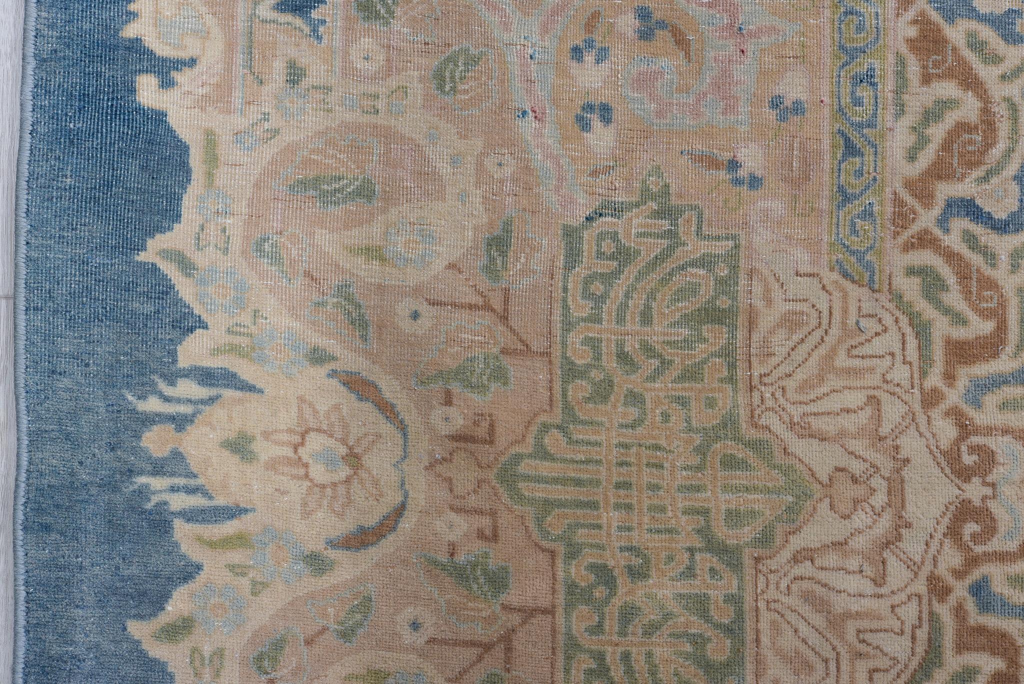 Mid-20th Century Floret Covered Kerman in Aged Blue and Sand For Sale
