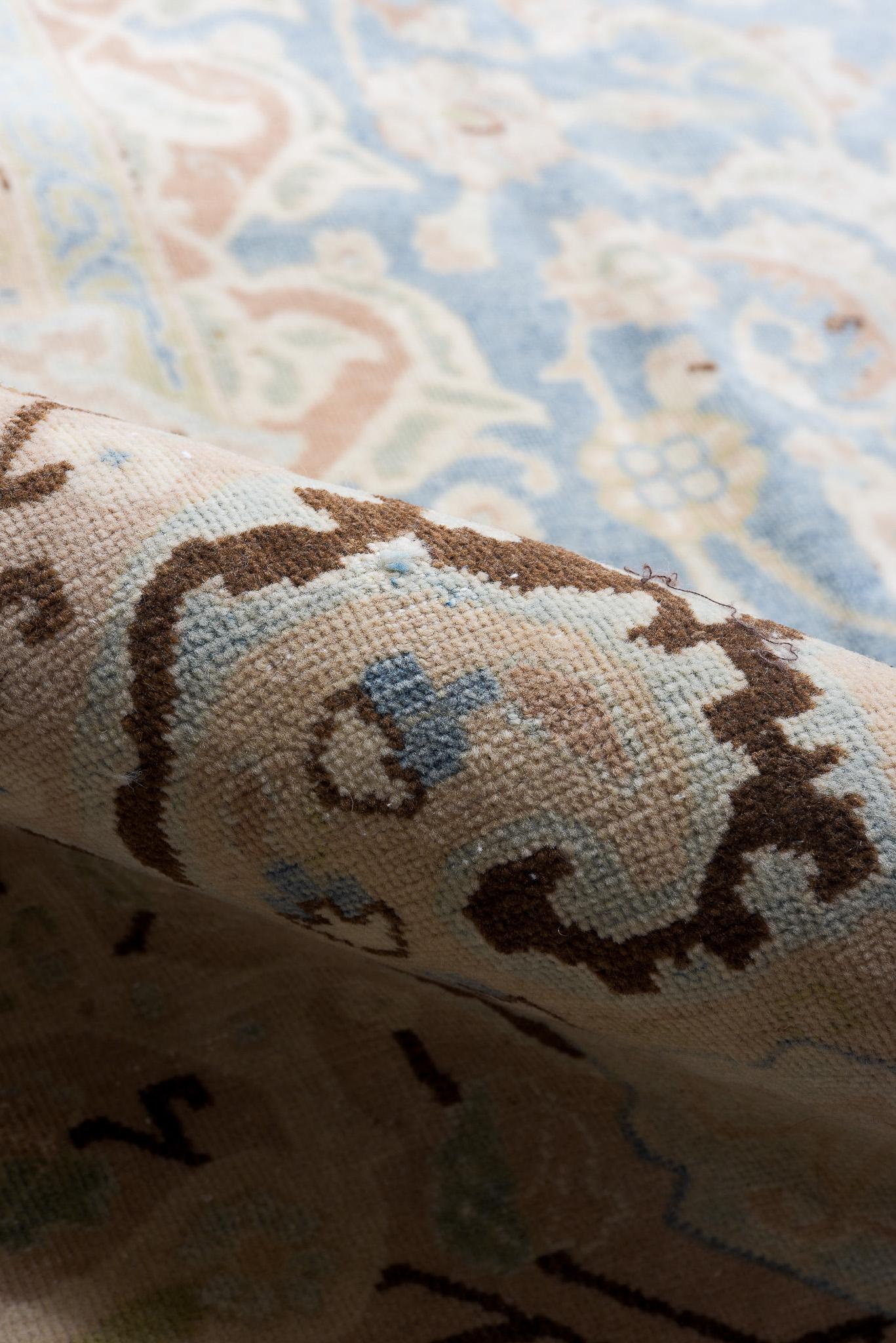 Wool Floret Covered Kerman in Aged Blue and Sand For Sale