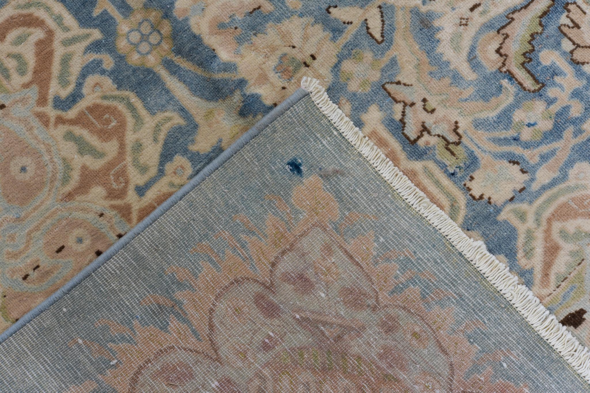 Floret Covered Kerman in Aged Blue and Sand For Sale 1