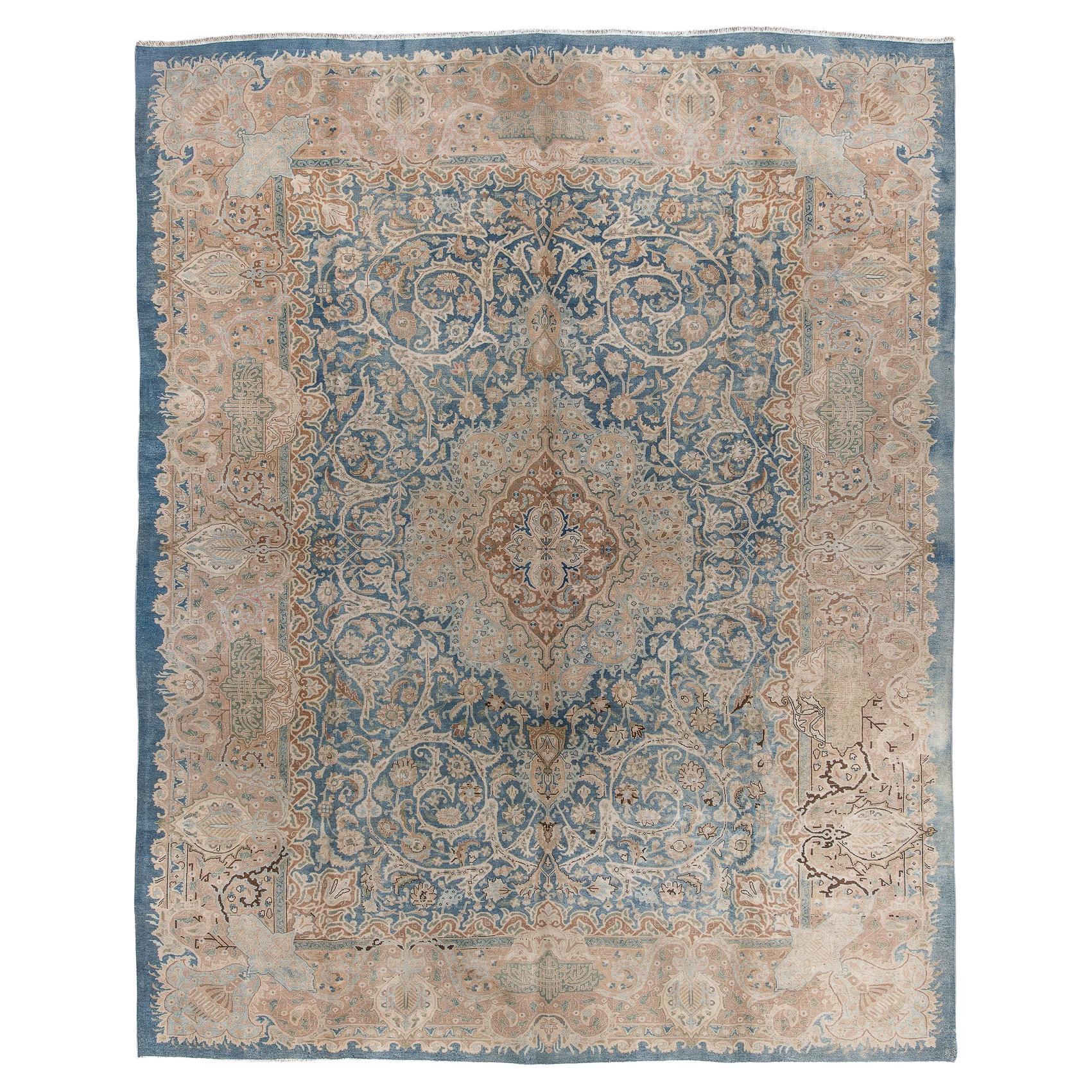Floret Covered Kerman in Aged Blue and Sand For Sale