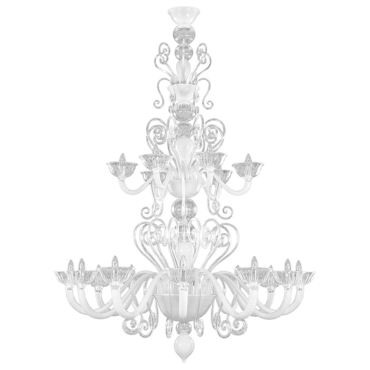 Chandelier 12+6 arms White and Clear Murano Glass Gatsby Naked by Multiforme For Sale