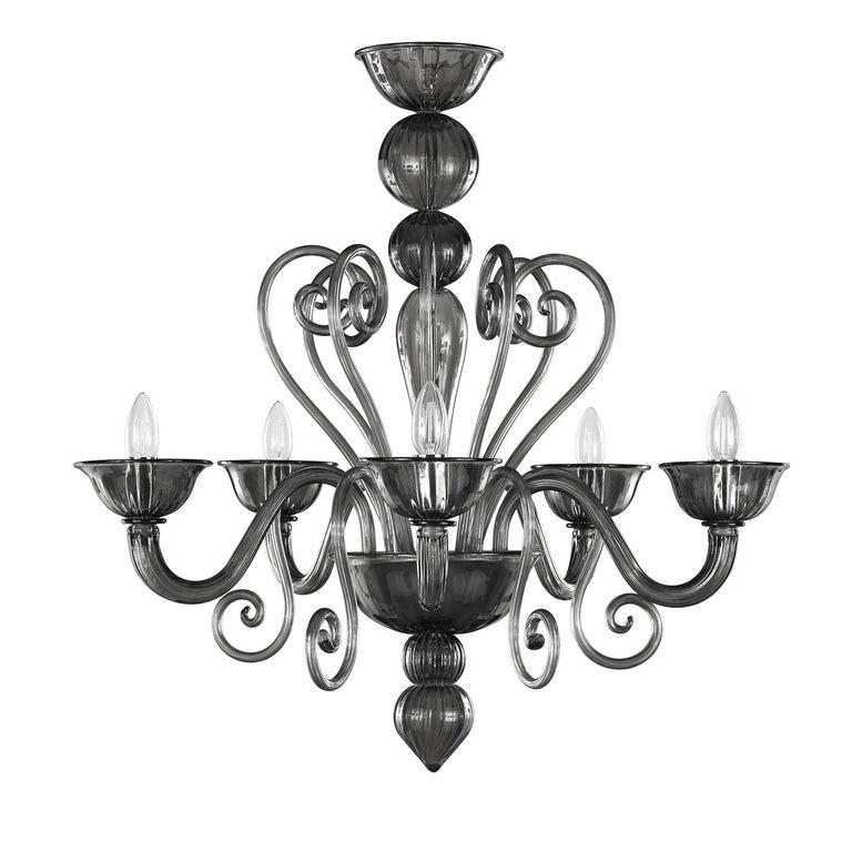 Classic and sophisticated, this dark grey Murano glass chandelier is a special edition in the Gatsby collection. Its distinguishing feature is the glass cup holding the bulb, handcrafted and hand-decorated with the 