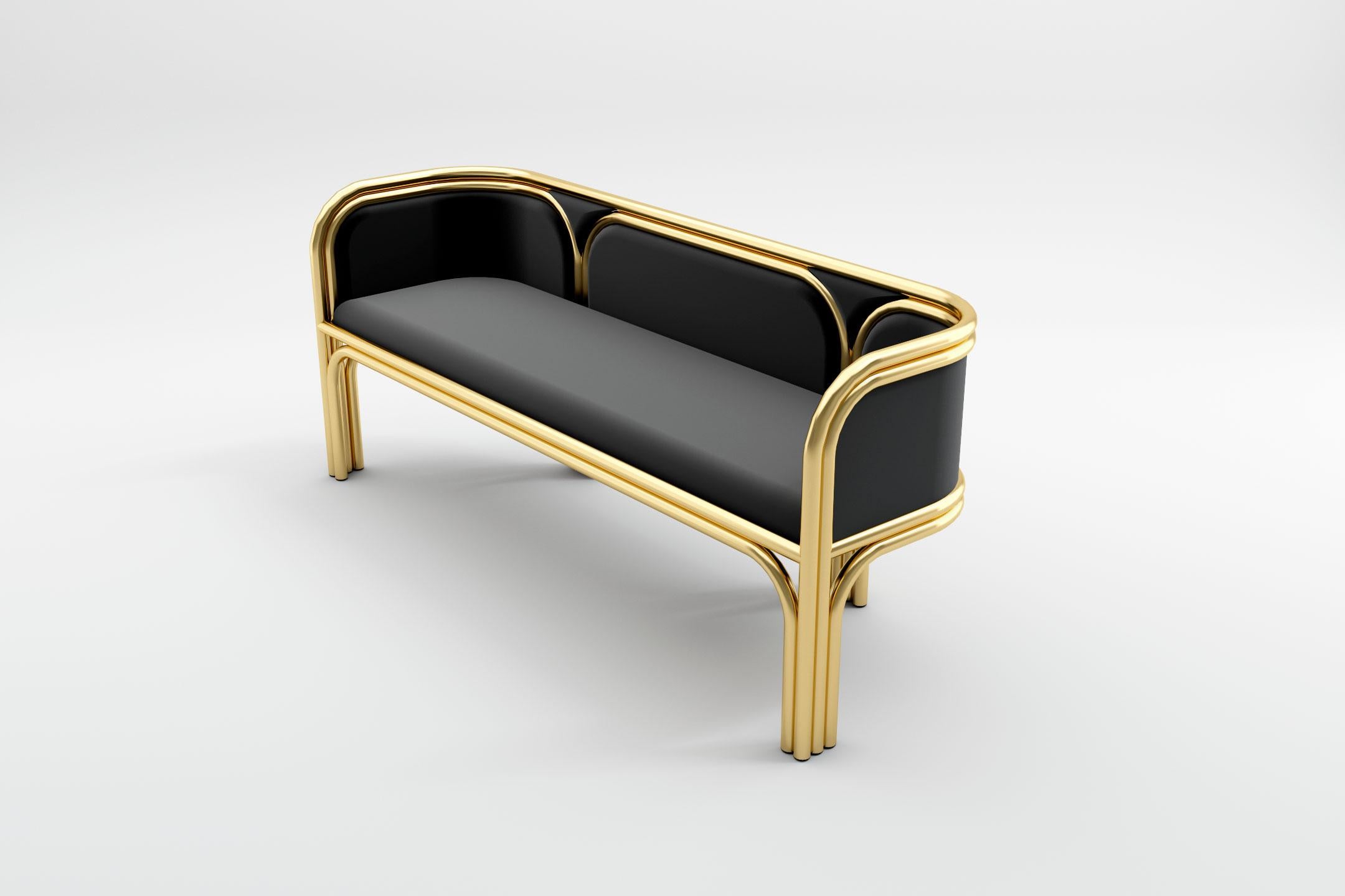 Contemporary Gatsby Two Seat Sofa - Modern Art Deco Sofa in Brass and Velvet For Sale
