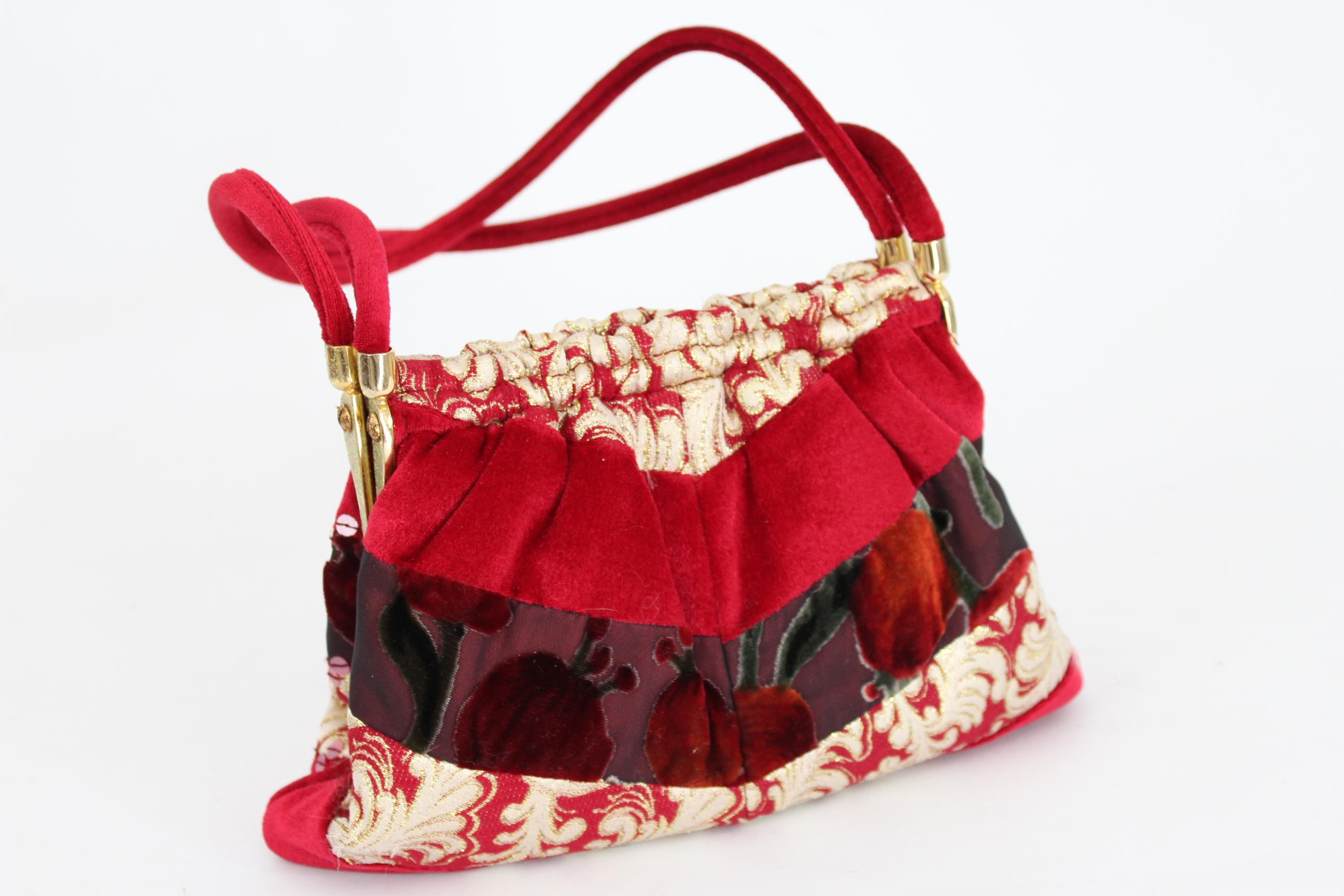 Women's Gattinoni Red Gold Sequins Floral Velvet Evening Clutch Bag 