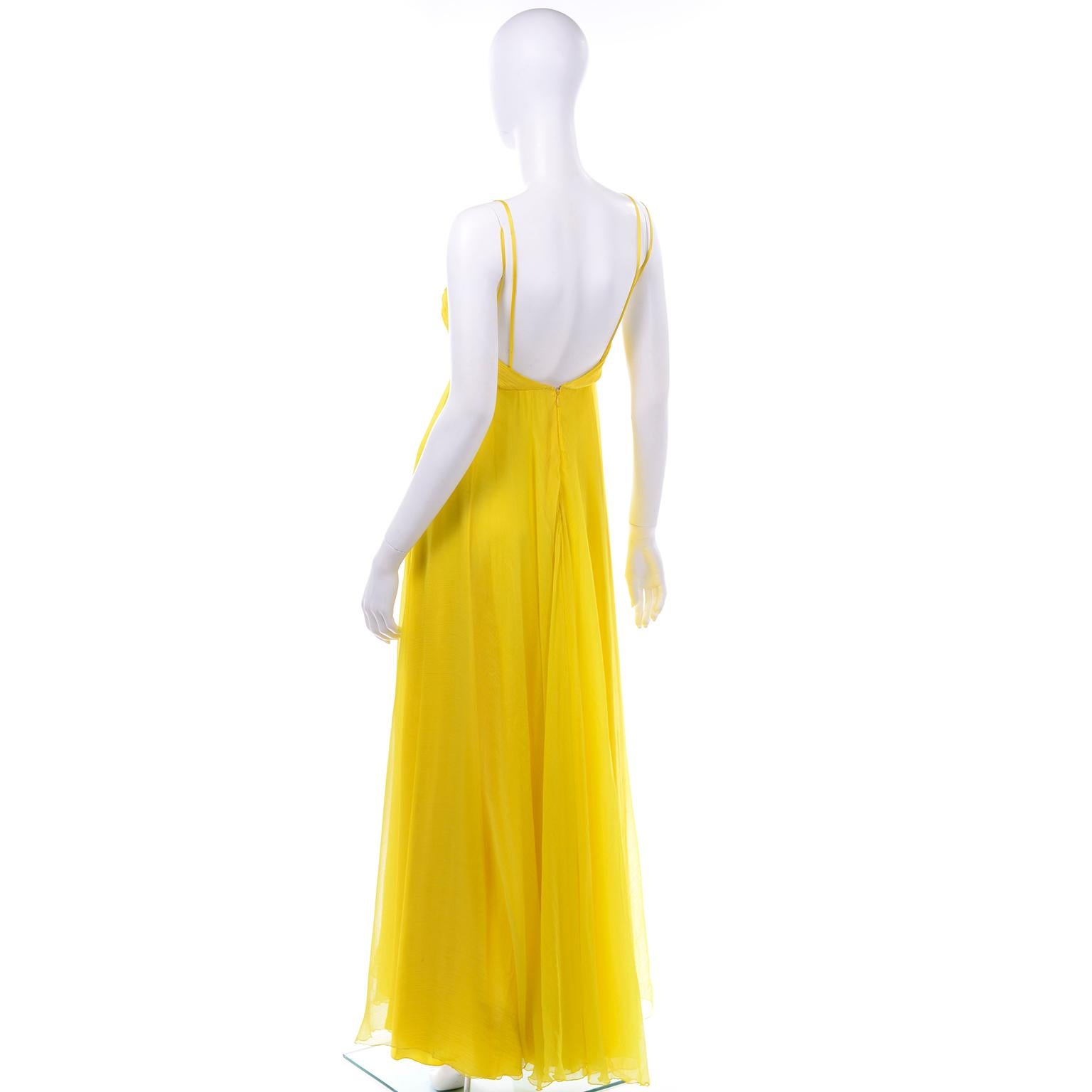 Women's Gattinoni Yellow Silk Chiffon High Low Evening Dress w Cutout  For Sale