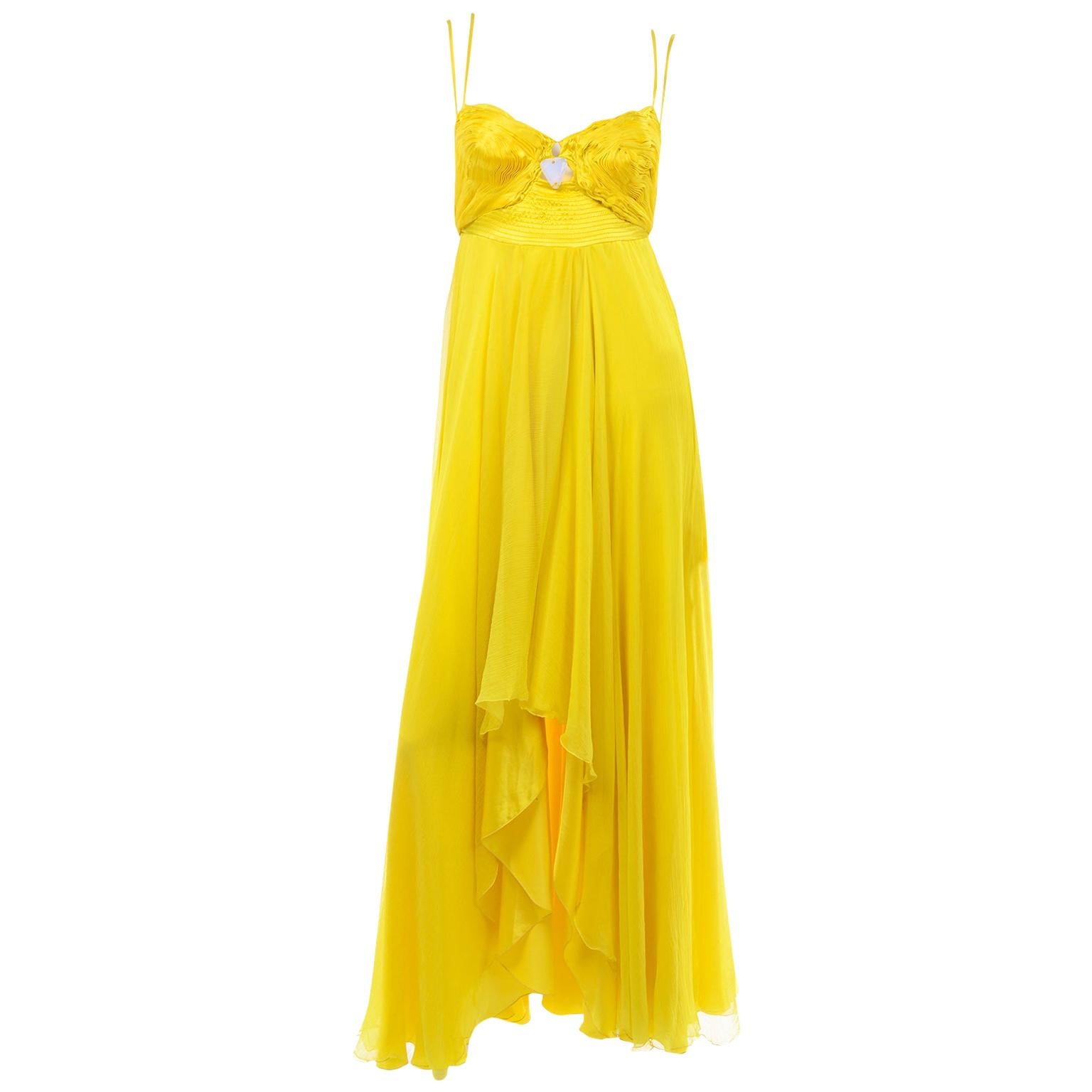 Gattinoni Yellow Silk Chiffon High Low Evening Dress w Cutout 