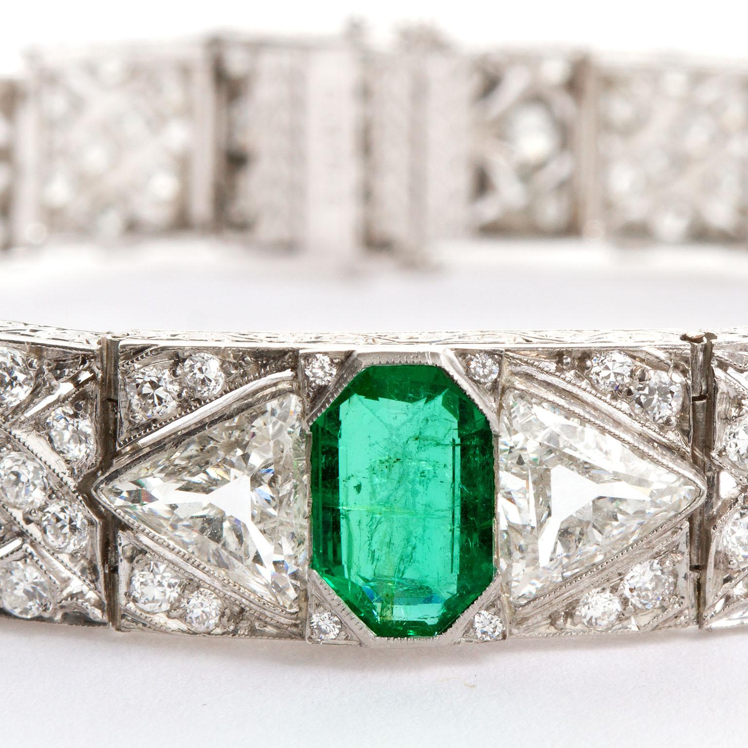 Emerald Cut Gattle Art Deco Colombian Emerald Diamond Bracelet