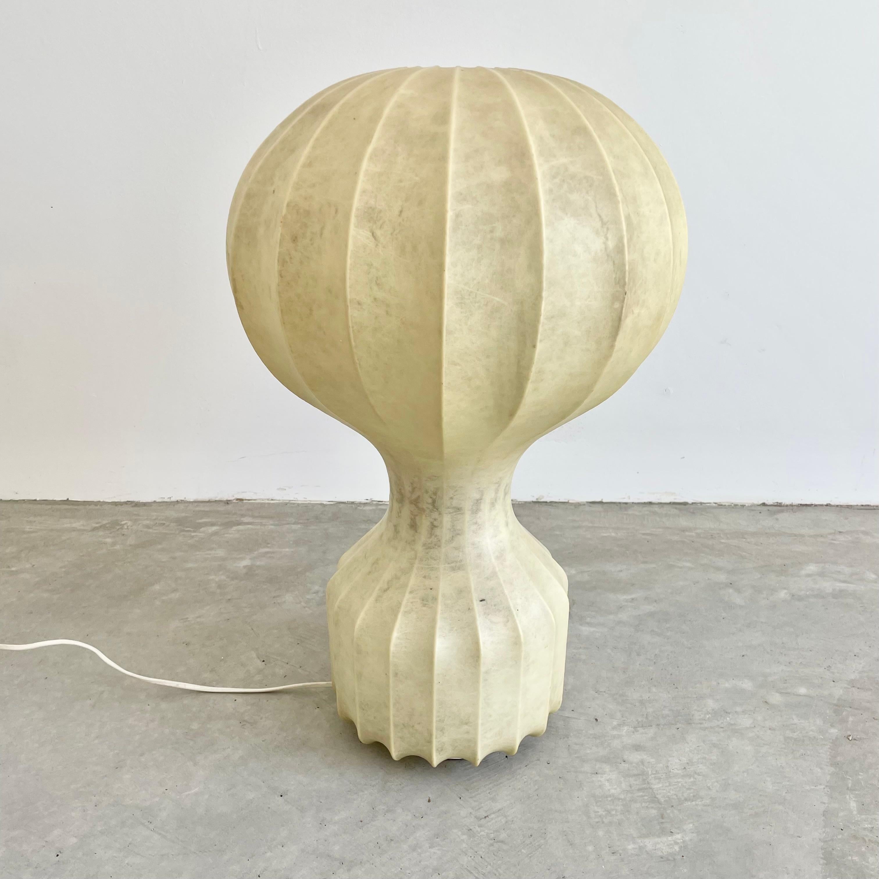 Original Italian cocoon table lamp by Achille Castiglioni for Flos. Wire frame beautifully wrapped in a fibrous paper give this piece tons of presence. Great scale and an elegant piece of collectible mid-century design. Good vintage condition.


