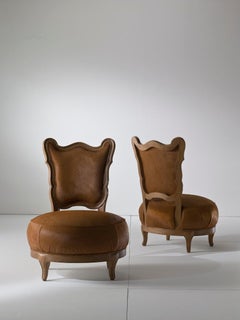 Gattona Brown Solid Walnut Dining Chair with Pony Leather by Nigel Coates