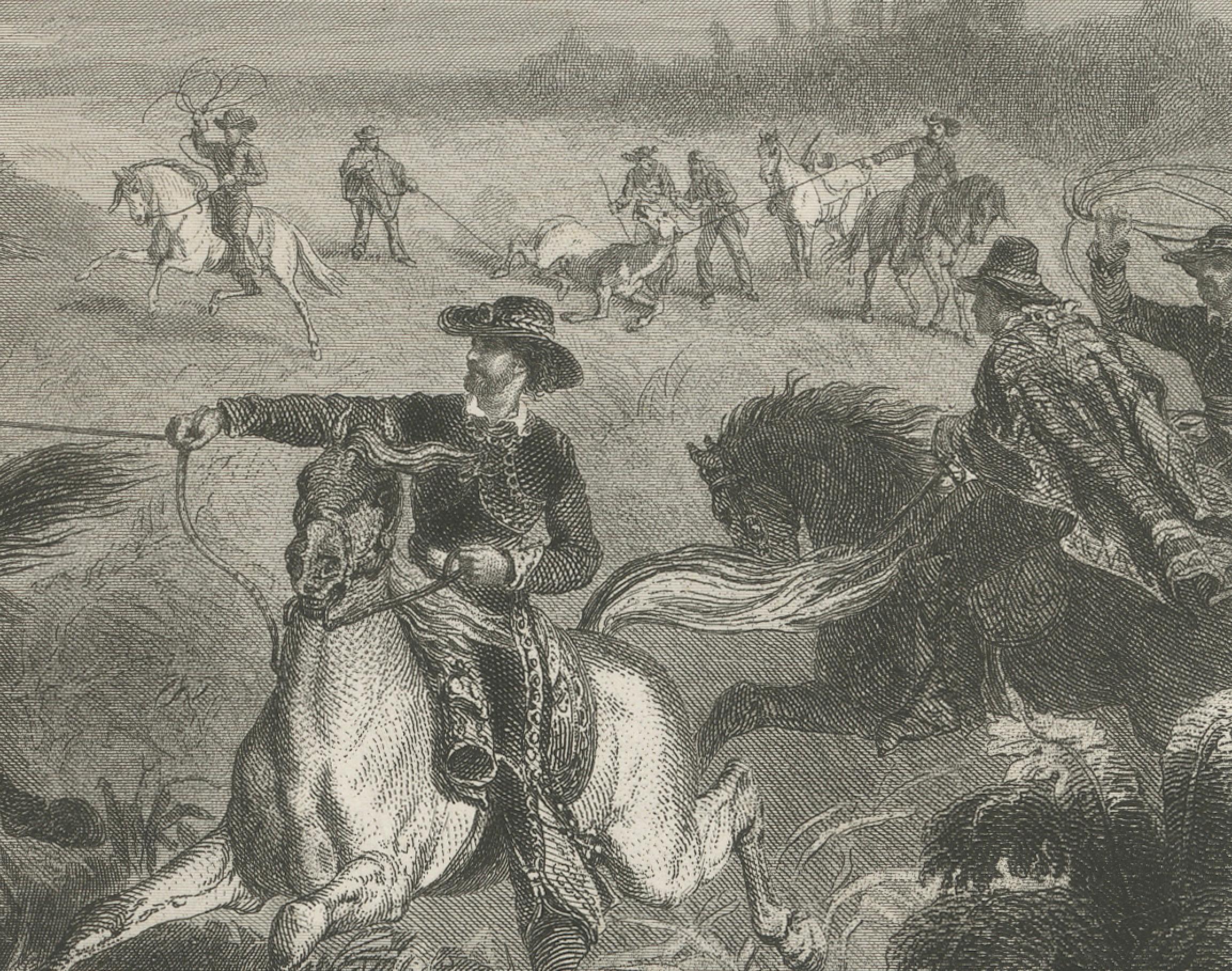 Cavaliers gauchos attrapant des chevaux sauvages au lasso - Gravure ancienne d'Énault, 1867 Bon état - En vente à Langweer, NL