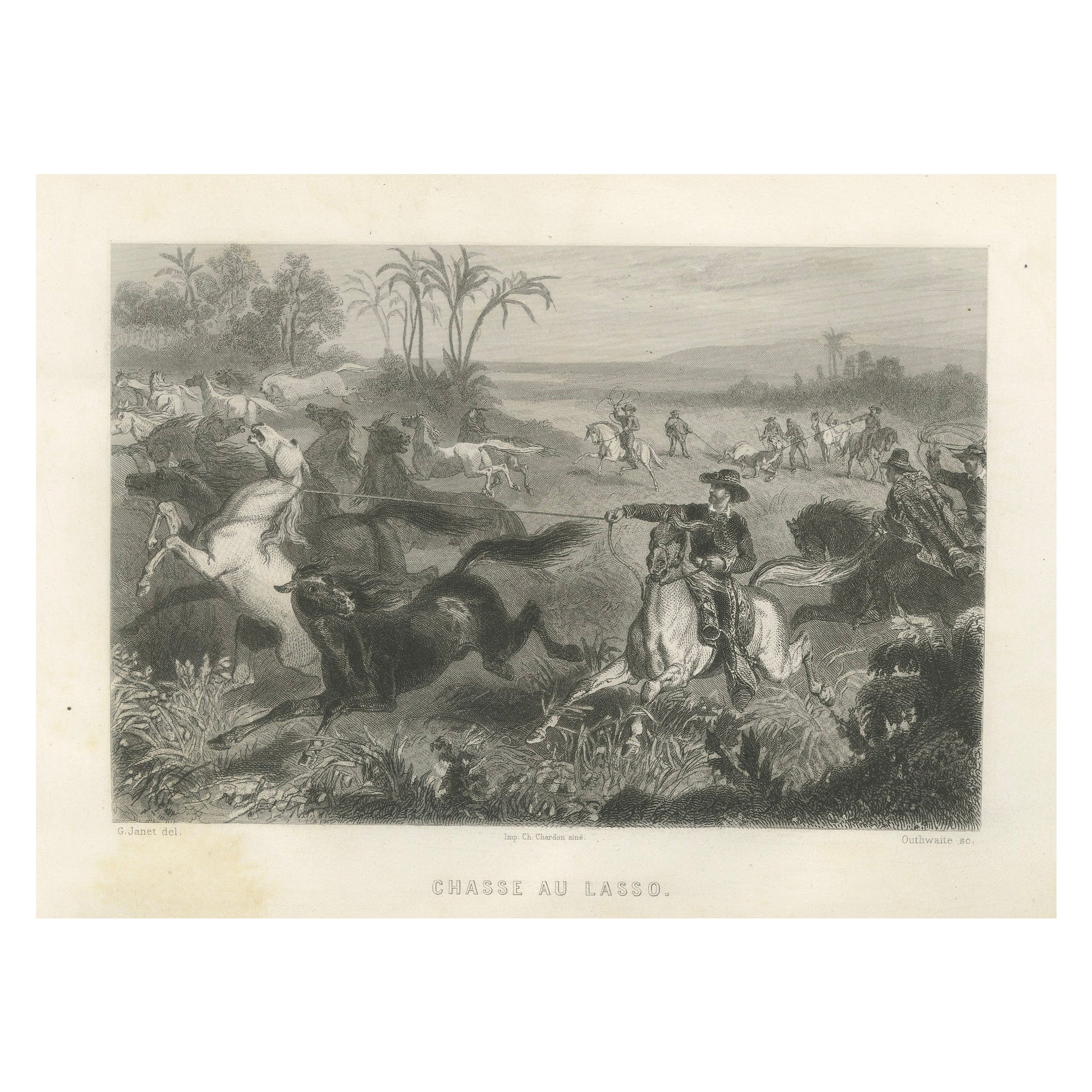 Cavaliers gauchos attrapant des chevaux sauvages au lasso - Gravure ancienne d'Énault, 1867 en vente