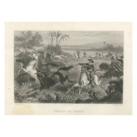 Gaucho Horsemen Lassoing Wild Horses – Antique Engraving by Énault, 1867