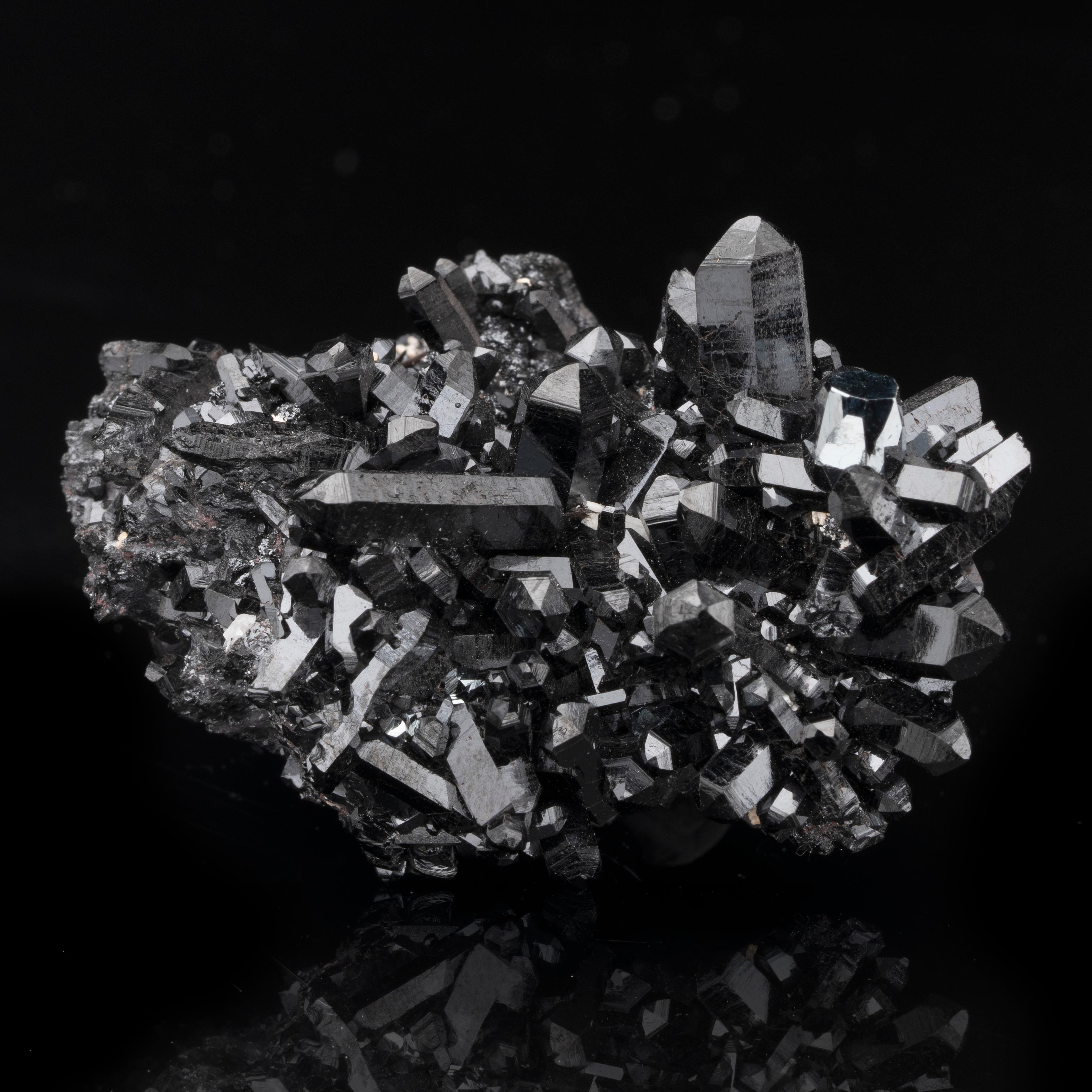From N'Chwaning I Mine, Kuruman, Cape Province, South Africa, this lustrous, stark black, sharply hexagonally crystallized specimen of gaudefroyite with hematite brings unexpected presence. The uncommon mineral gaudefroyite is found in manganese