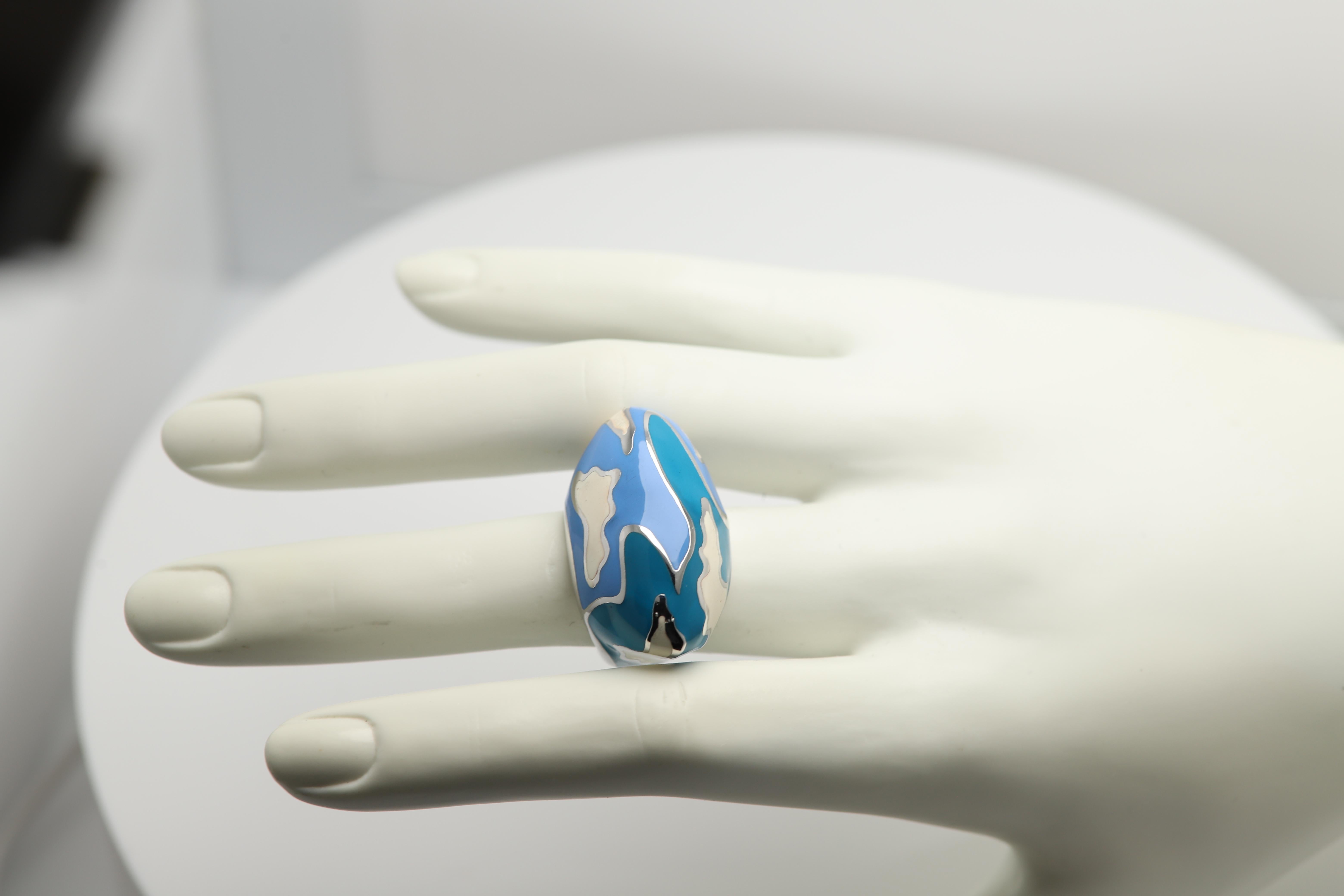 Gaudi Art Inspired Ring Sterling Silver Made in Italy Fine Art Enamel Ring For Sale 1
