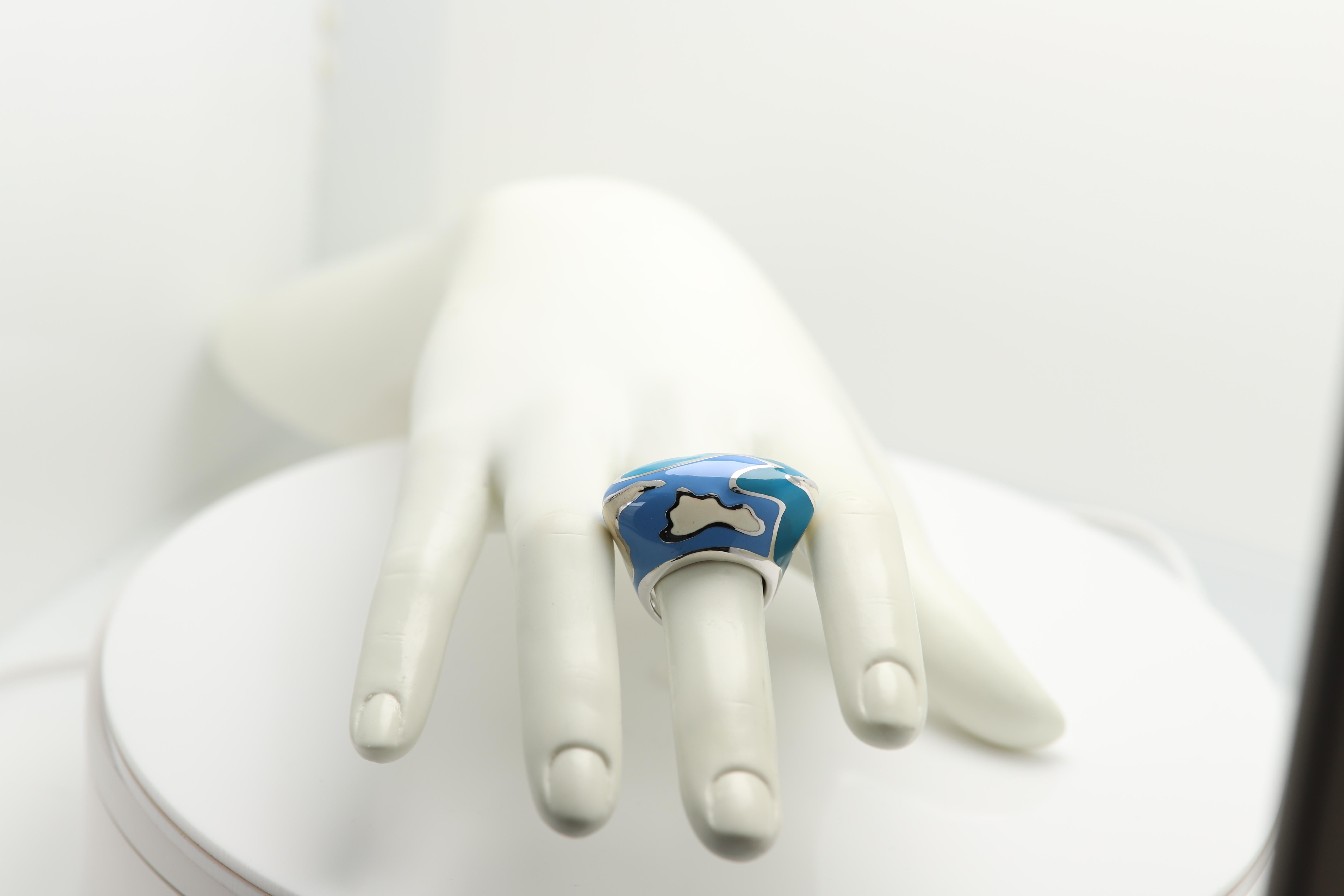 Gaudi Art Inspired Ring Sterling Silver Made in Italy Fine Art Enamel Ring For Sale 2