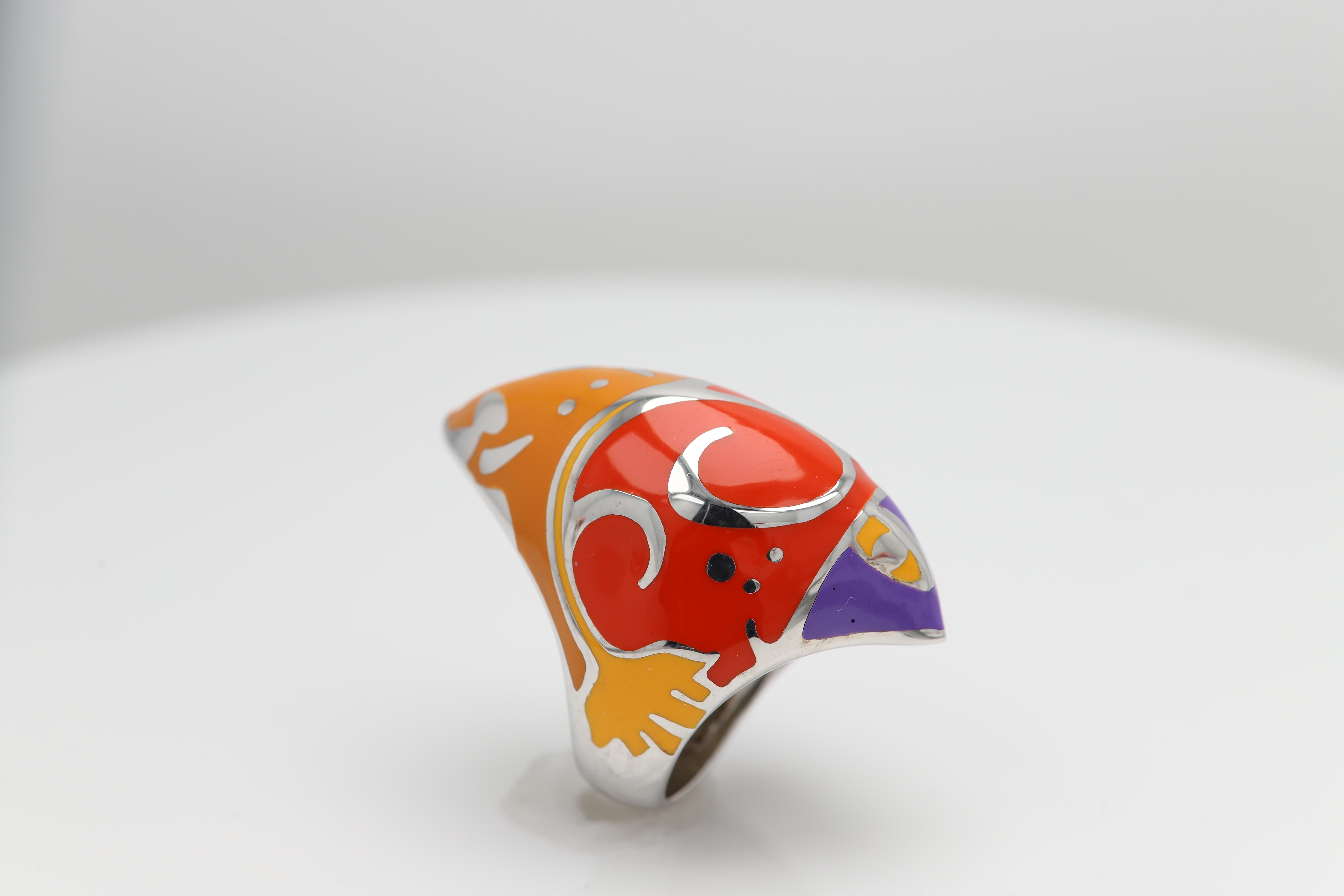 Gaudi Art Inspired Ring Sterling Silver Made in Italy Fine Art Enamel Ring For Sale 1