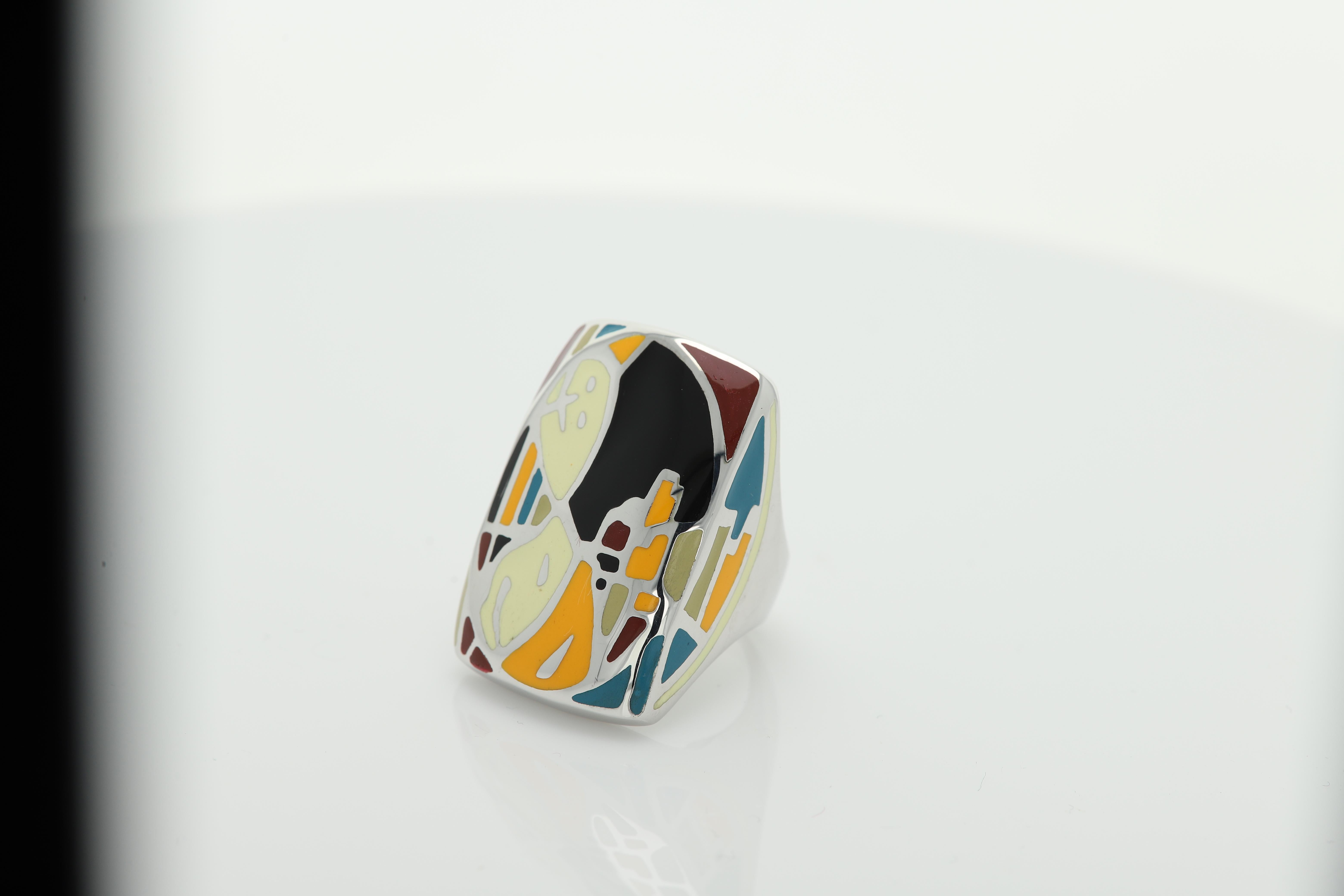 Enamel Artistic Art Ring Inspired by famous world artist sterling silver 925, hand made in Italy, finger size 6.25  (NOT RESIZABLE) please inquire about other sizes. Approx design area size:  30 X 20 ( 1.2' x 0.75'  INCH ) Slightly imperfections may