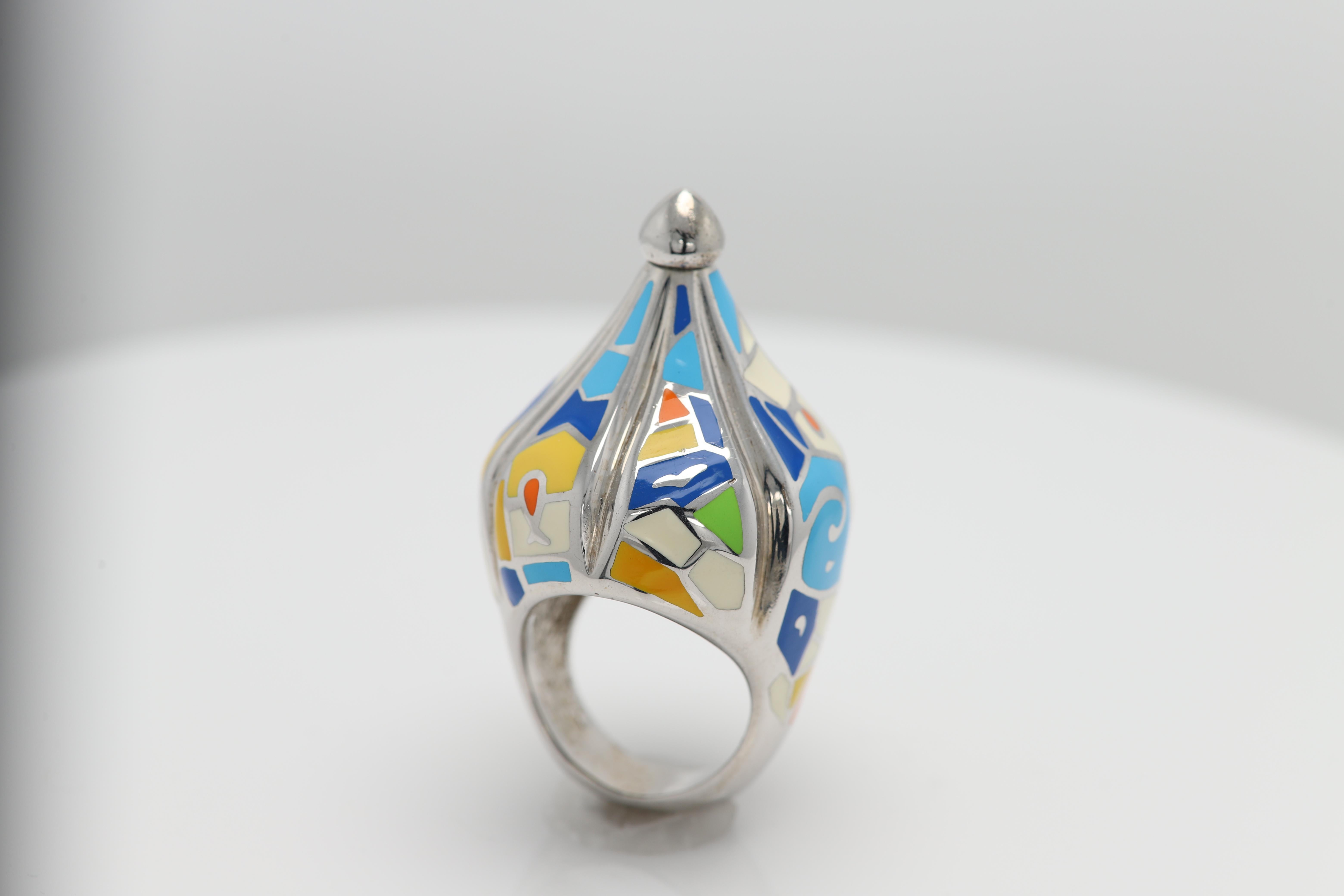 Gaudi Art Inspired Ring Sterling Silver Made in Italy Fine Enamel Ring In New Condition For Sale In Brooklyn, NY