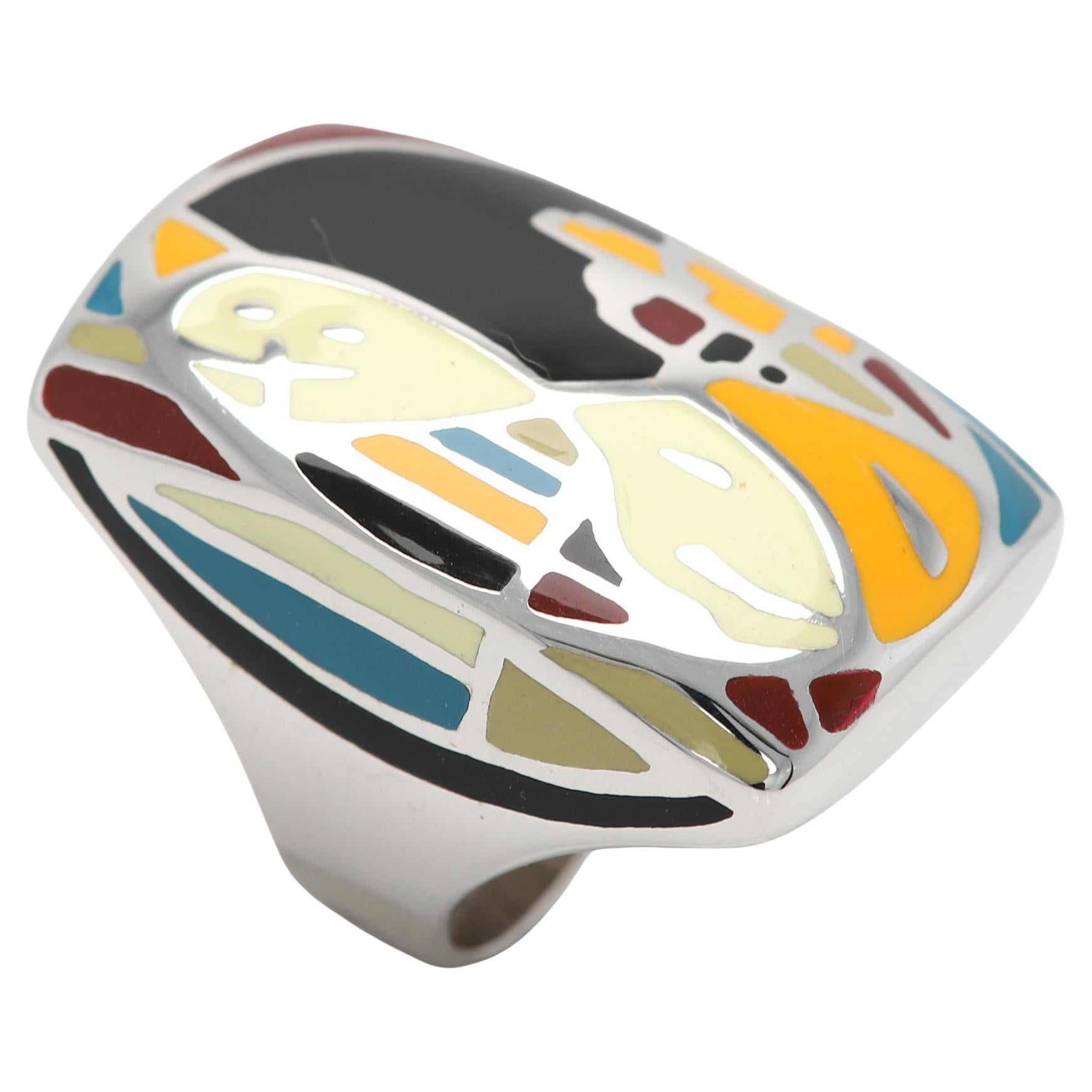 Gaudi Art Inspired Ring Sterling Silver Made in Italy Fine Enamel Ring For Sale