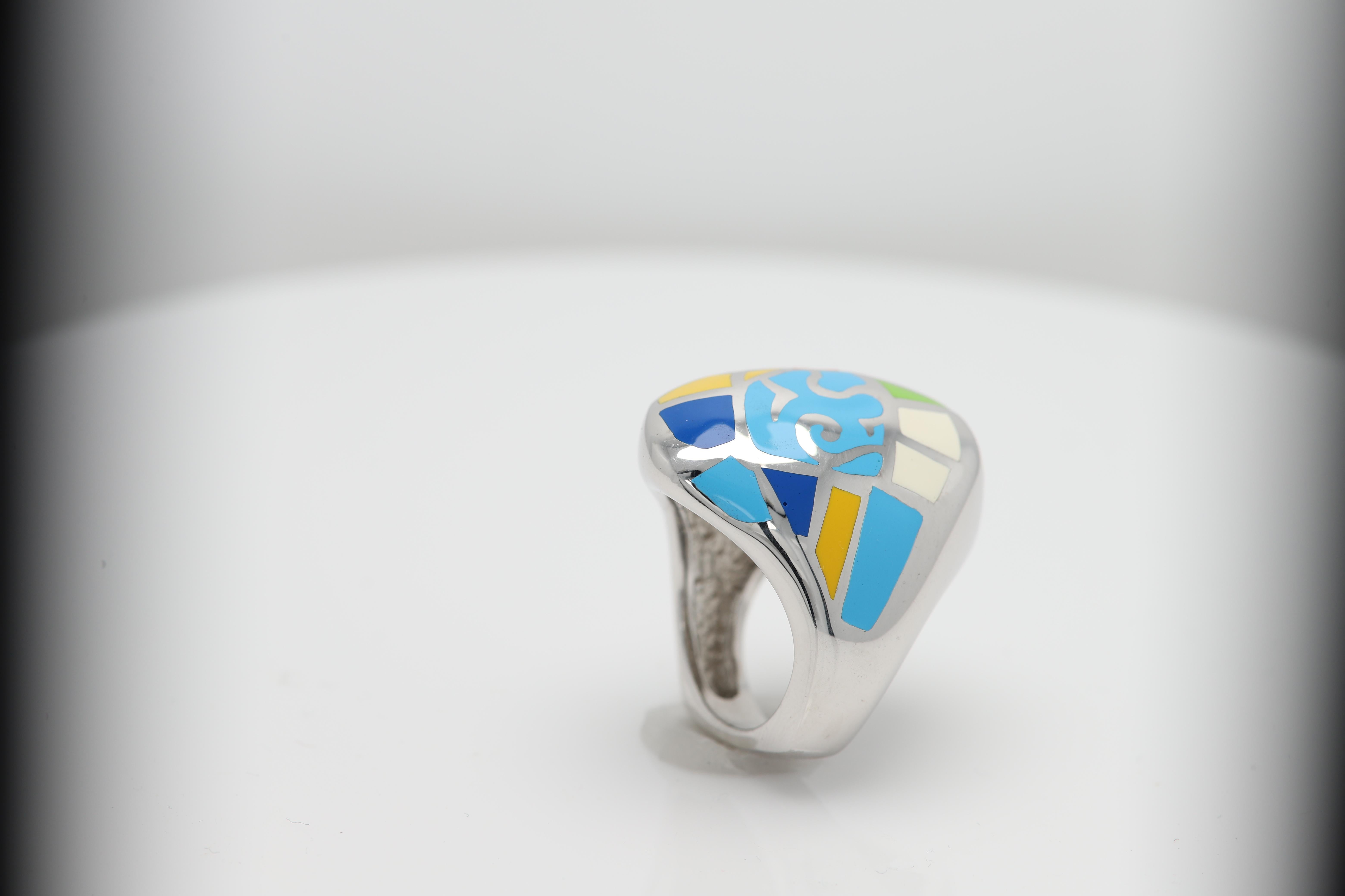 Enamel Artistic Art Ring Inspired by famous world artist sterling silver 925, hand made in Italy, finger size 6.5  (NOT RESIZABLE) please inquire about other sizes. Approx design area size:  30 X 20 mm, Slightly imperfections may exist due to