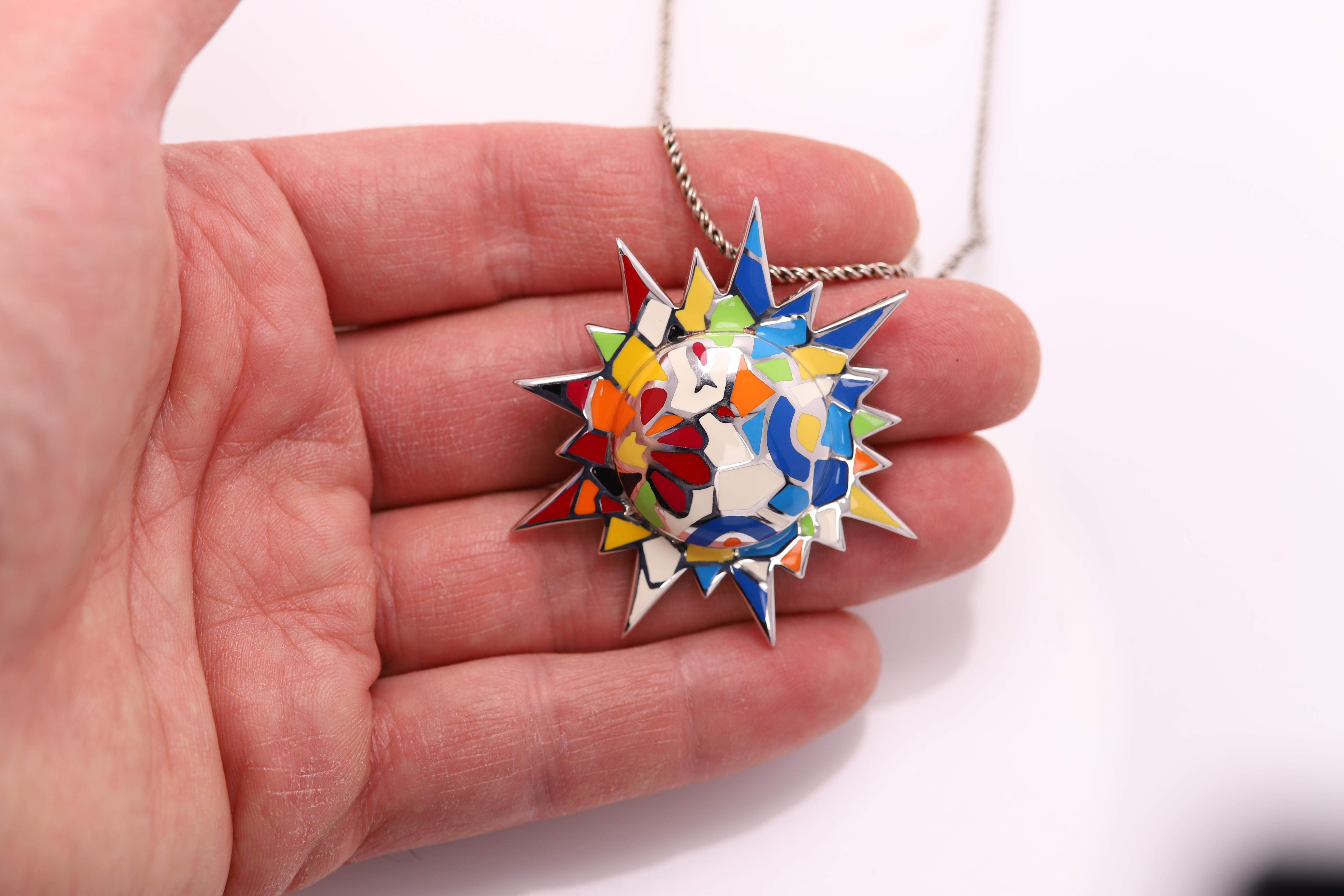 Gaudi Art Inspired Sun Necklace Silver 925 Art Jewelry Large Enamel Pendant 6