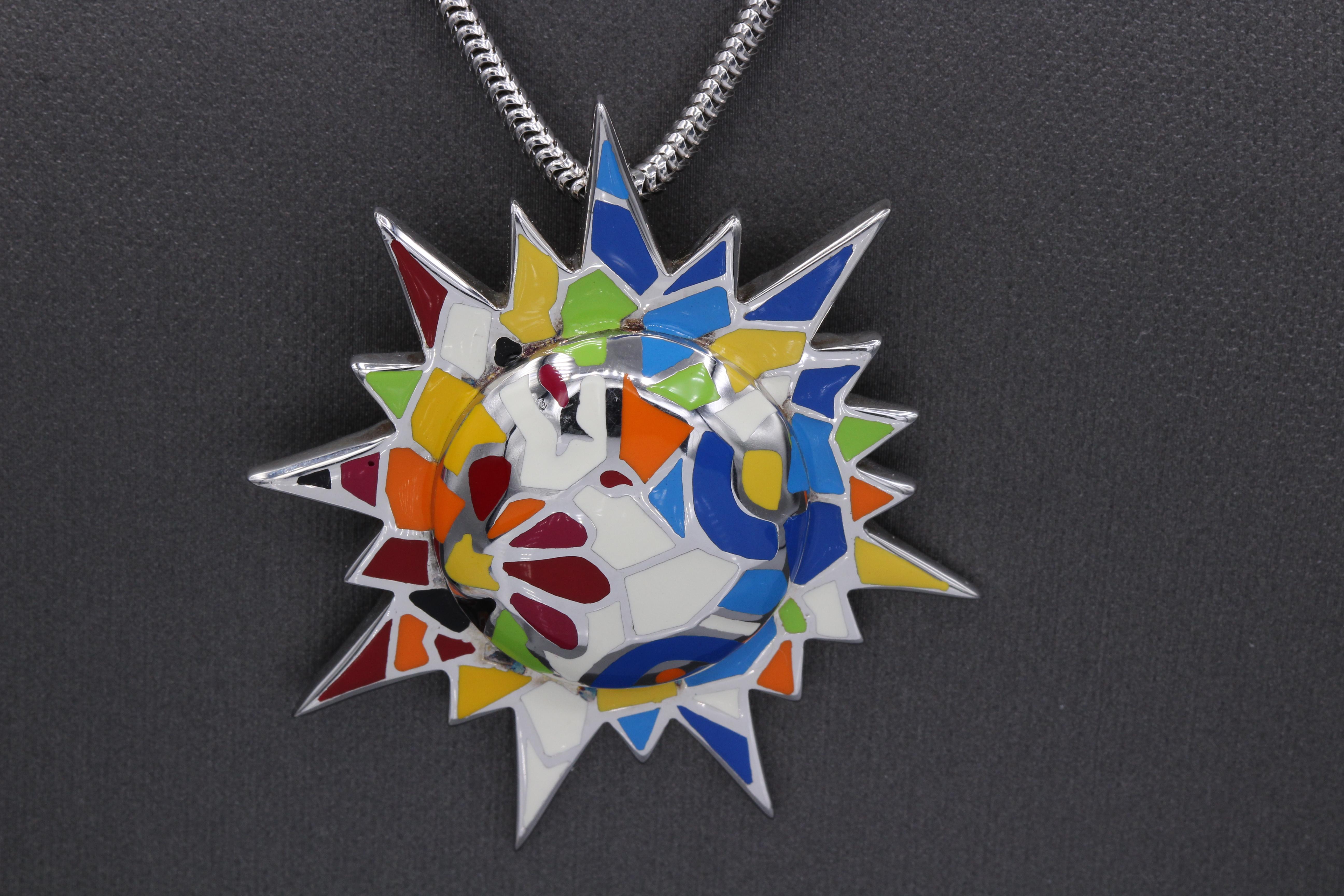 Gaudi Art Inspired Sun Necklace Silver 925 Art Jewelry Large Enamel Pendant 8