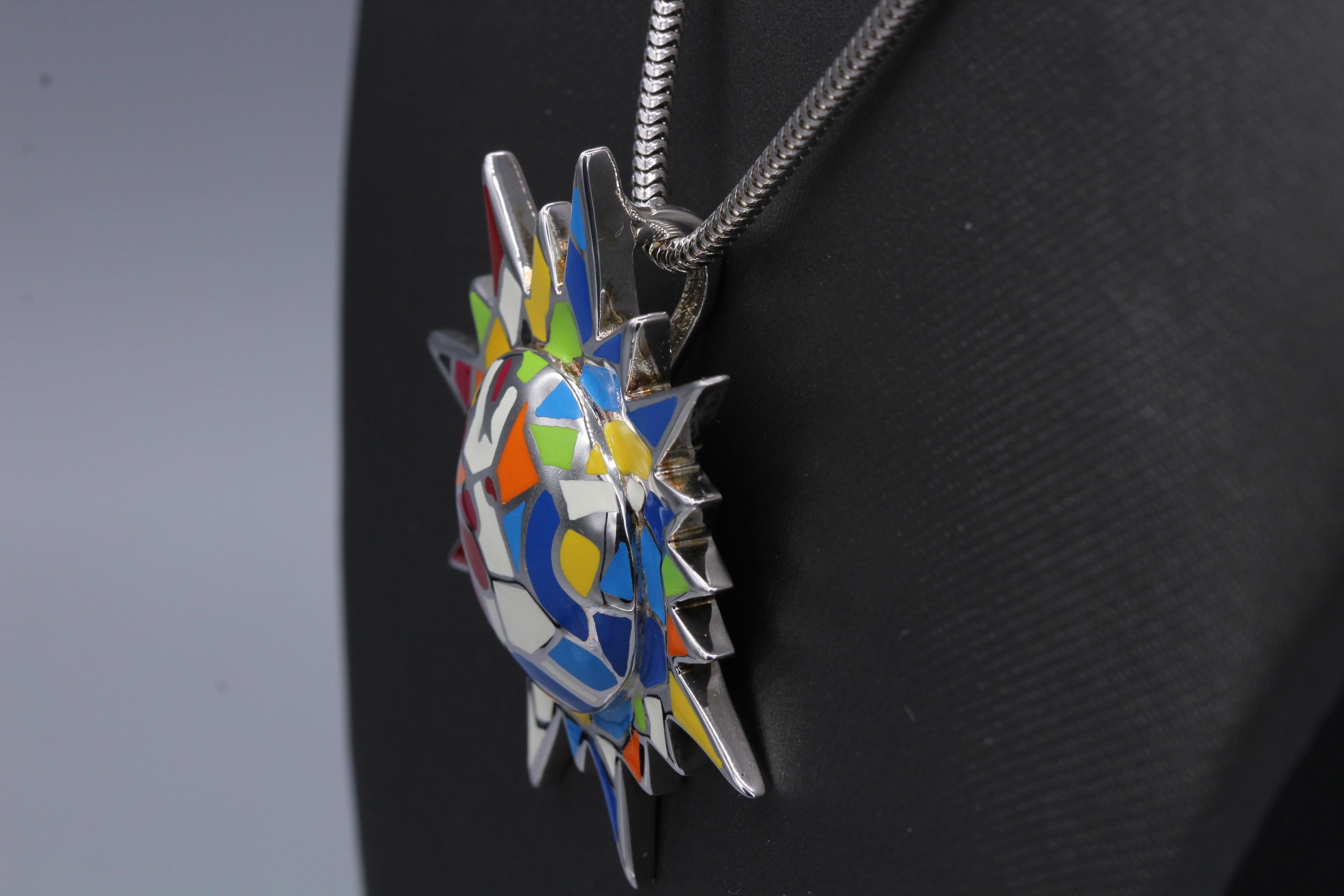 Artisan Gaudi Art Inspired Sun Necklace Silver 925 Art Jewelry Large Enamel Pendant