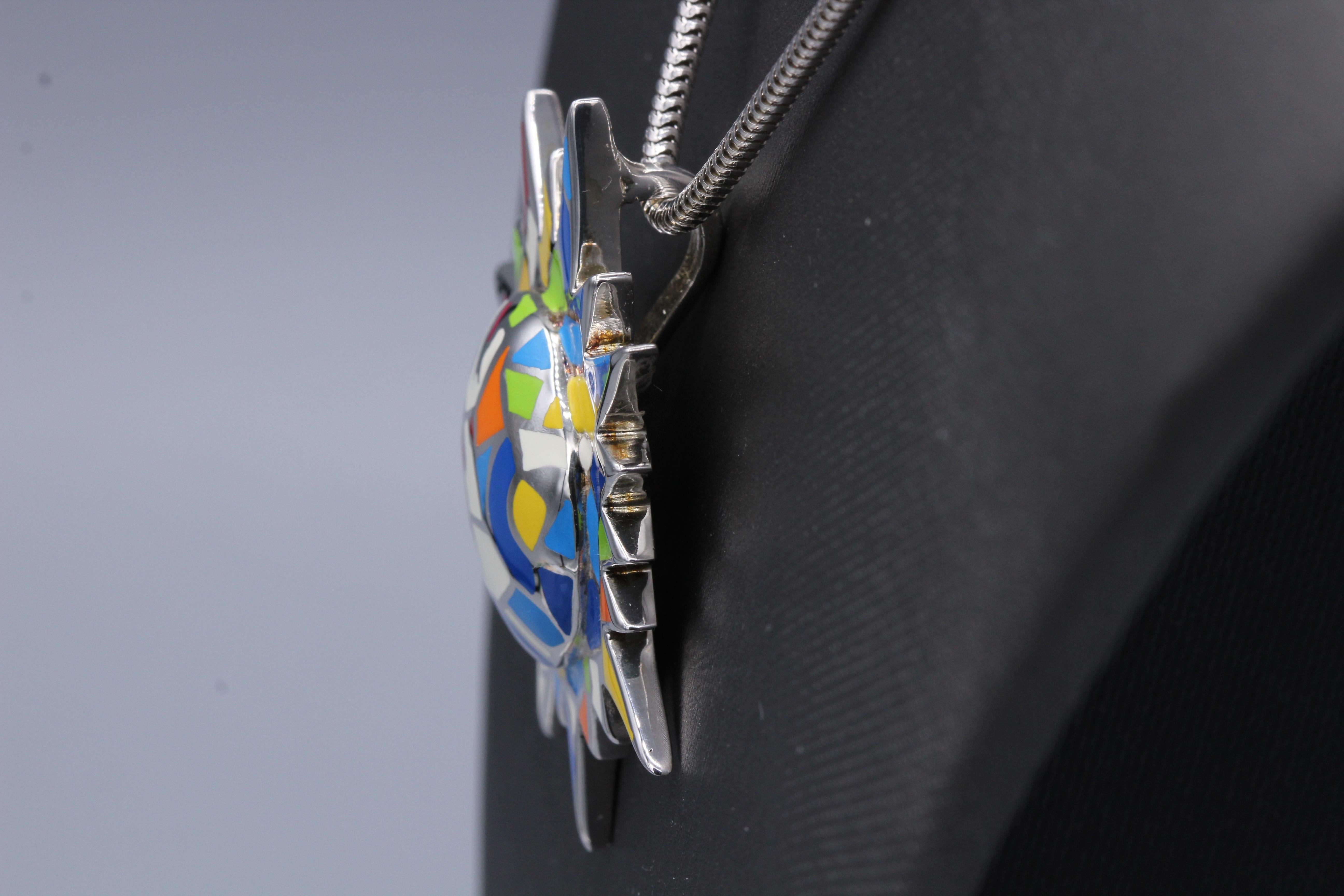 Gaudi Art Inspired Sun Necklace Silver 925 Art Jewelry Large Enamel Pendant In New Condition In Brooklyn, NY