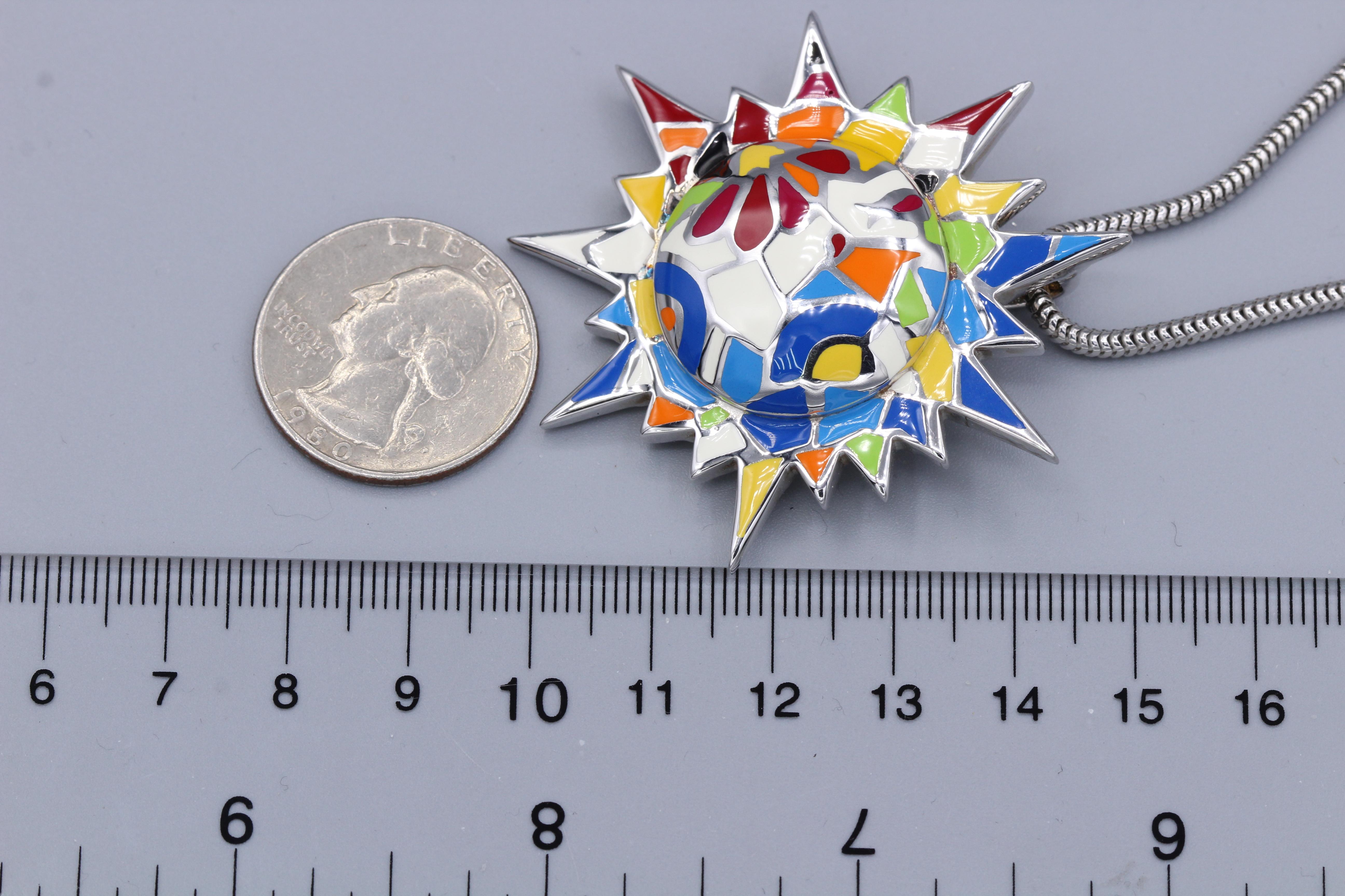 Women's Gaudi Art Inspired Sun Necklace Silver 925 Art Jewelry Large Enamel Pendant