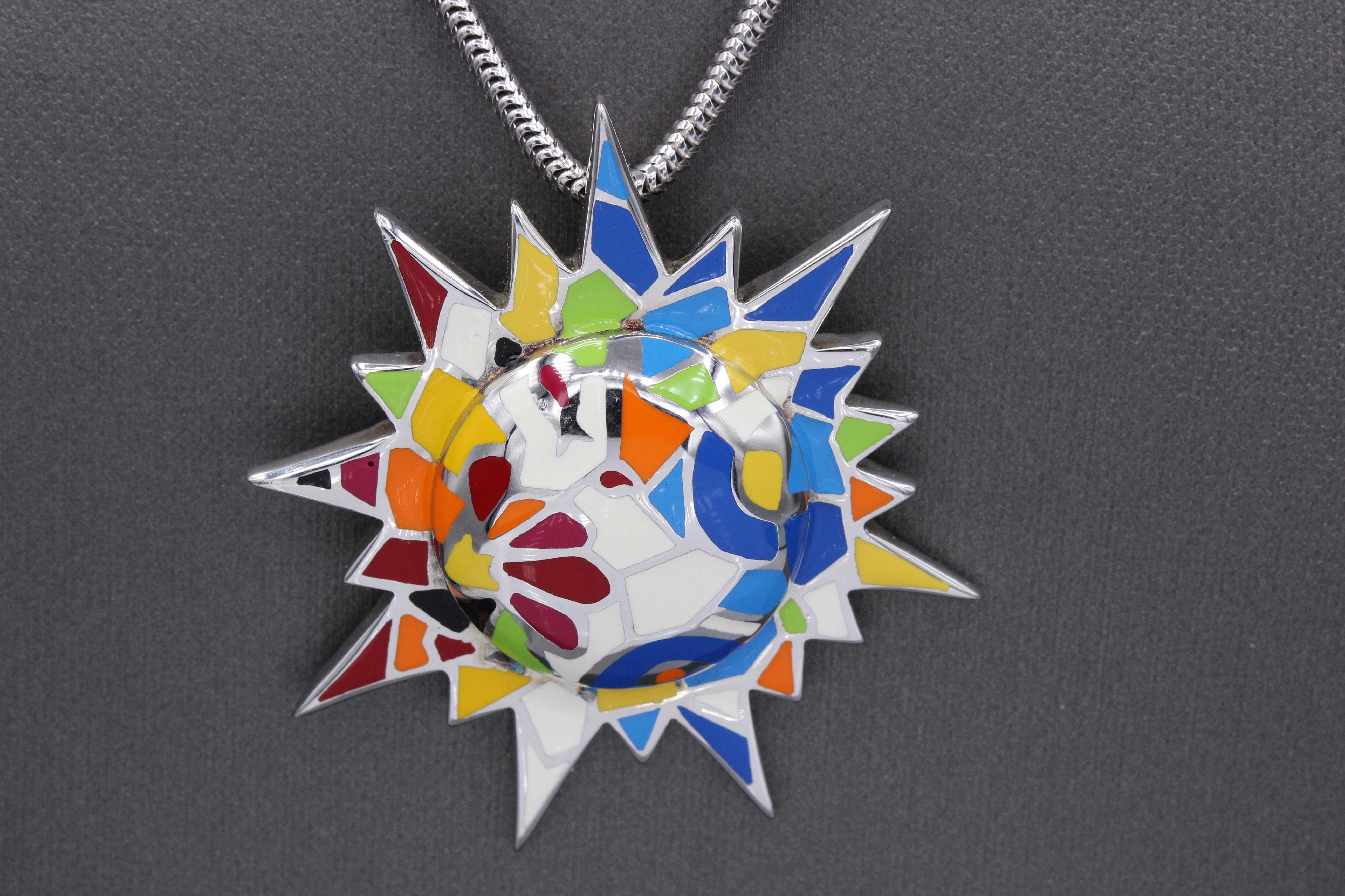 Gaudi Art Inspired Sun Necklace Silver 925 Art Jewelry Large Enamel Pendant 1