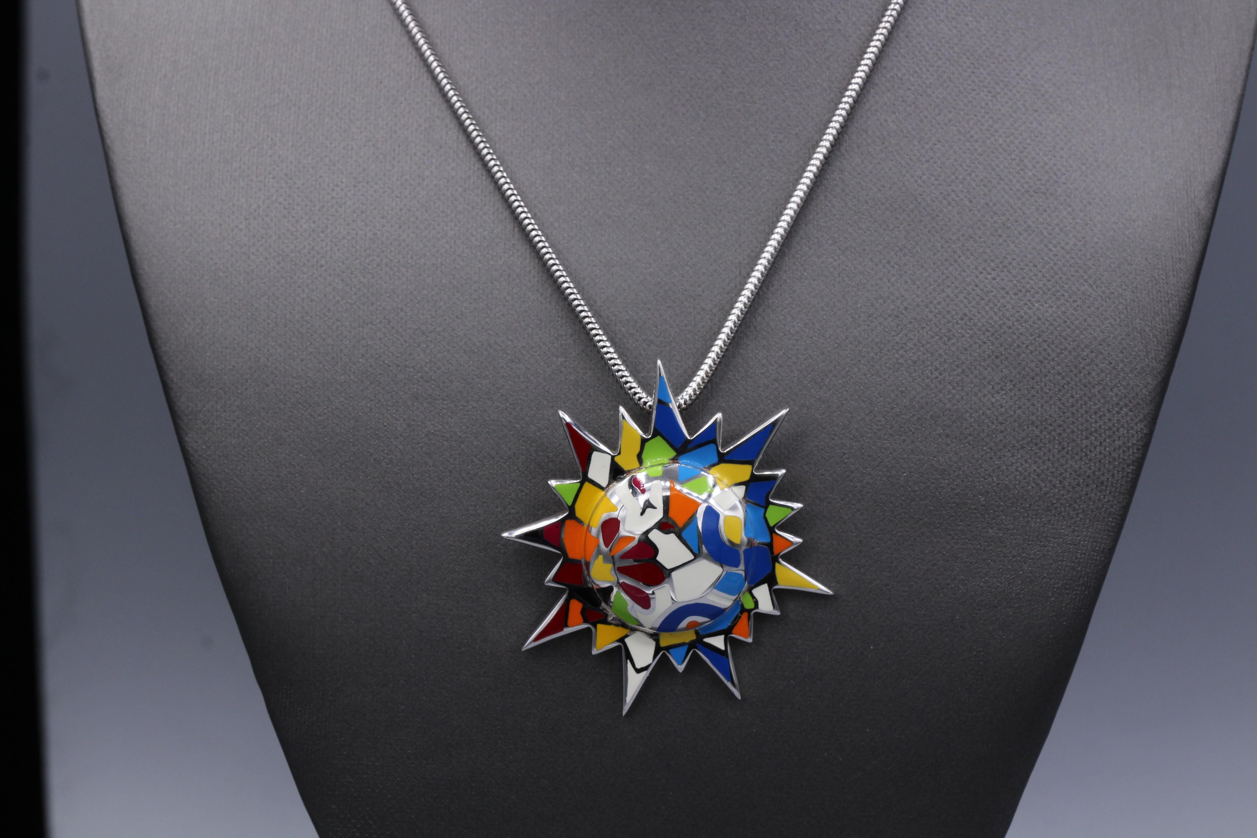 Gaudi Art Inspired Sun Necklace Silver 925 Art Jewelry Large Enamel Pendant 2
