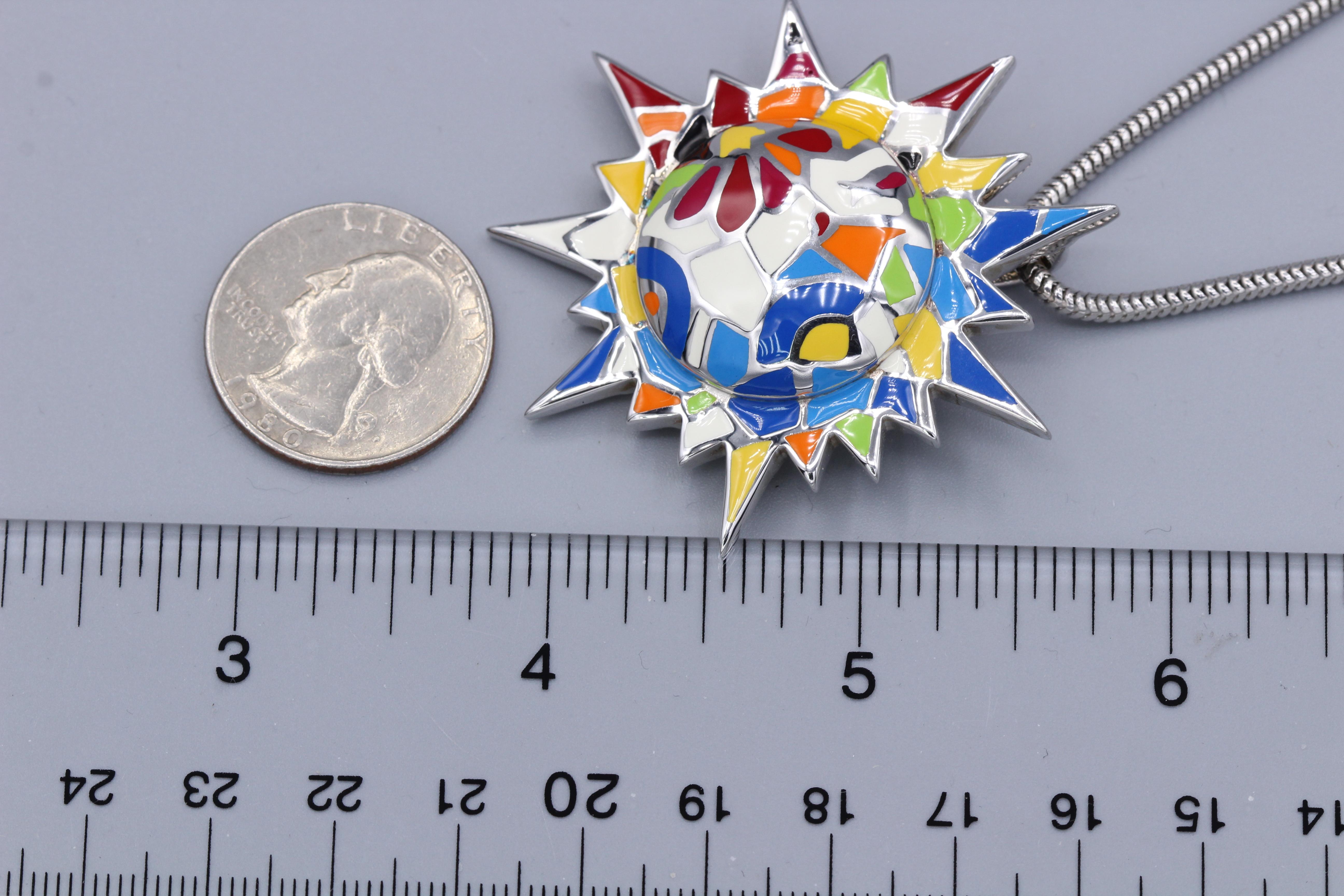 Gaudi Art Inspired Sun Necklace Silver 925 Art Jewelry Large Enamel Pendant 3