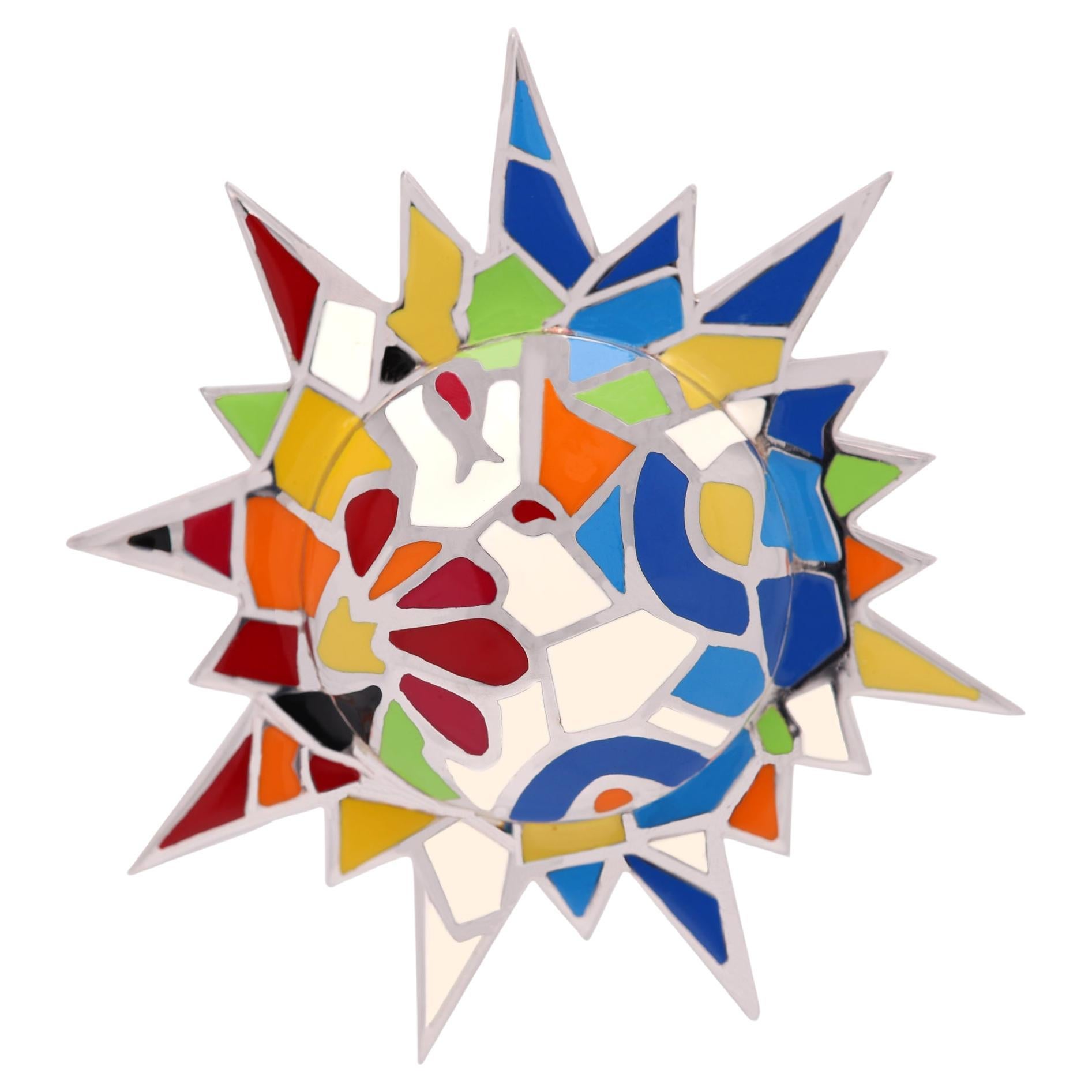 Gaudi Kunst inspirierte Sonnen-Halskette Silber 925 Kunstschmuck Großer Emaille-Anhänger