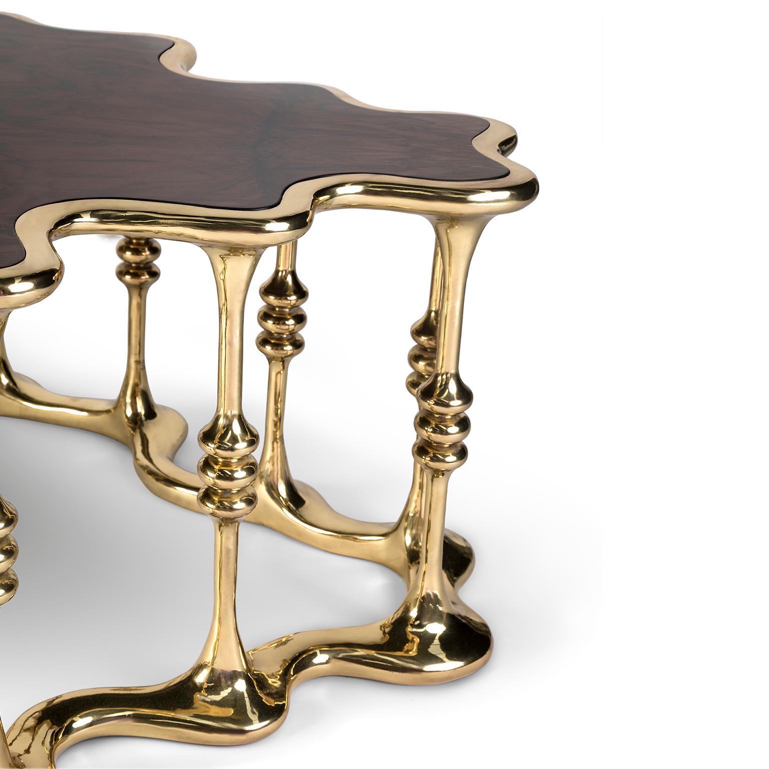 Modern Contemporary Gaudi Center Table, Polished Brass and Walnut Root Veneer Tabletop For Sale