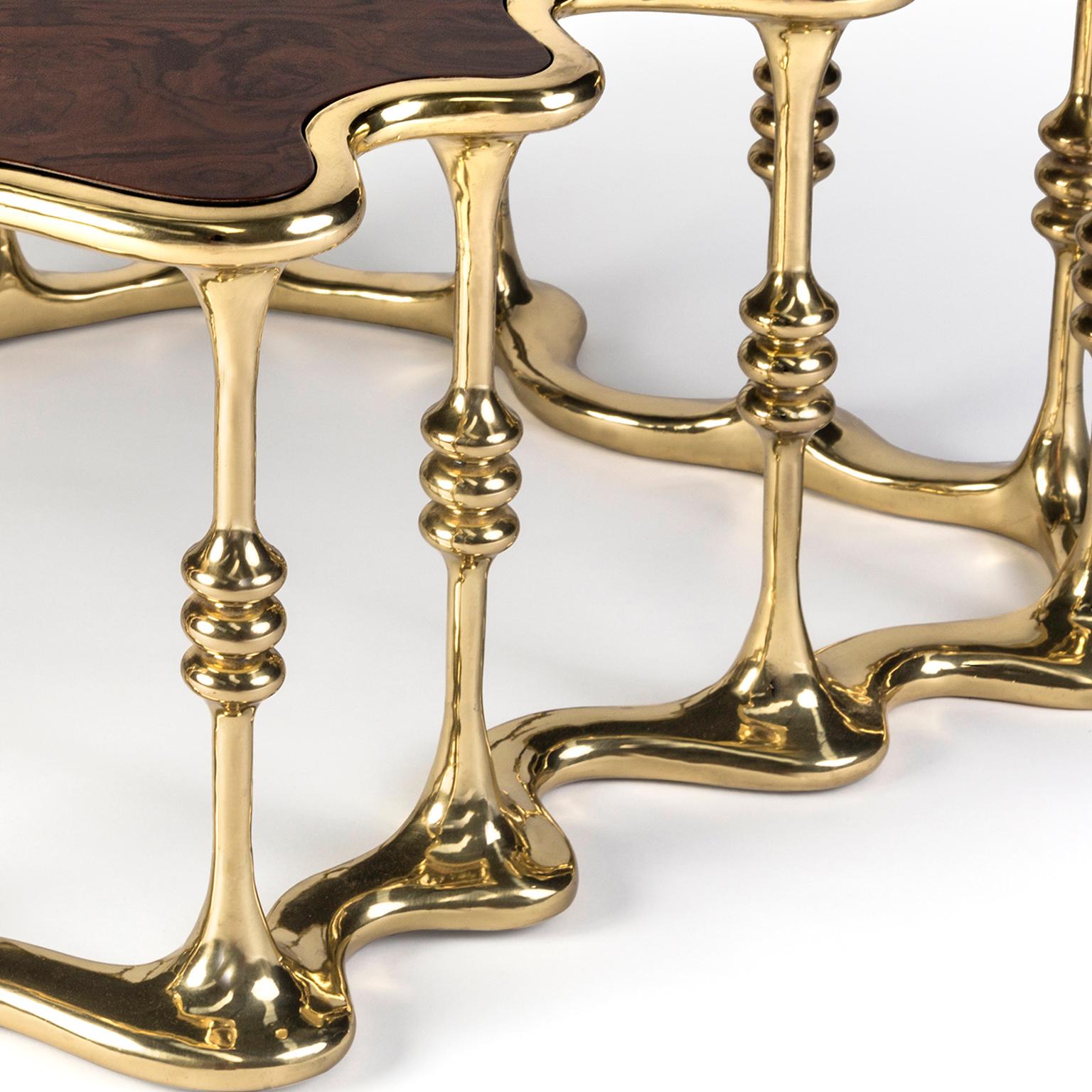 Portuguese Contemporary Gaudi Center Table, Polished Brass and Walnut Root Veneer Tabletop For Sale