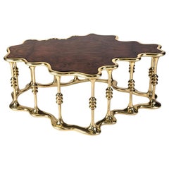 21st Century Gaudi Center Table, Polished Brass and Walnut Root Veneer Tabletop