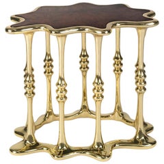 Contemporary Gaudi Side Table in Polished Brass and Walnut Root Veneer Tabletop