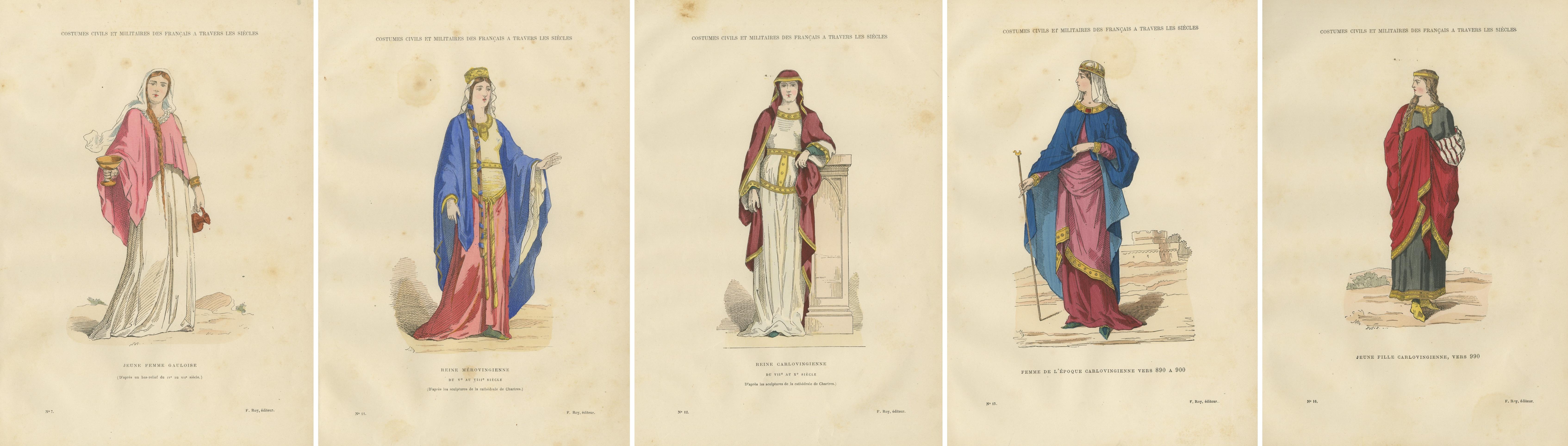 Gaulish to Carolingian Women’s Costume, French Historical Prints, 5-Plate Set
